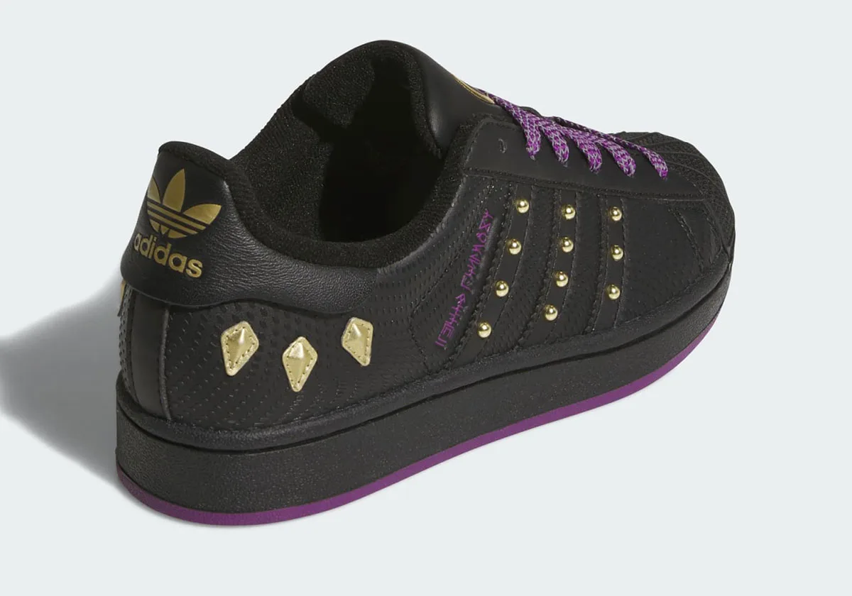 heel view, black shoe with gold trefoil logo and gold diamond-shaped studs, Avengers: Doomsday