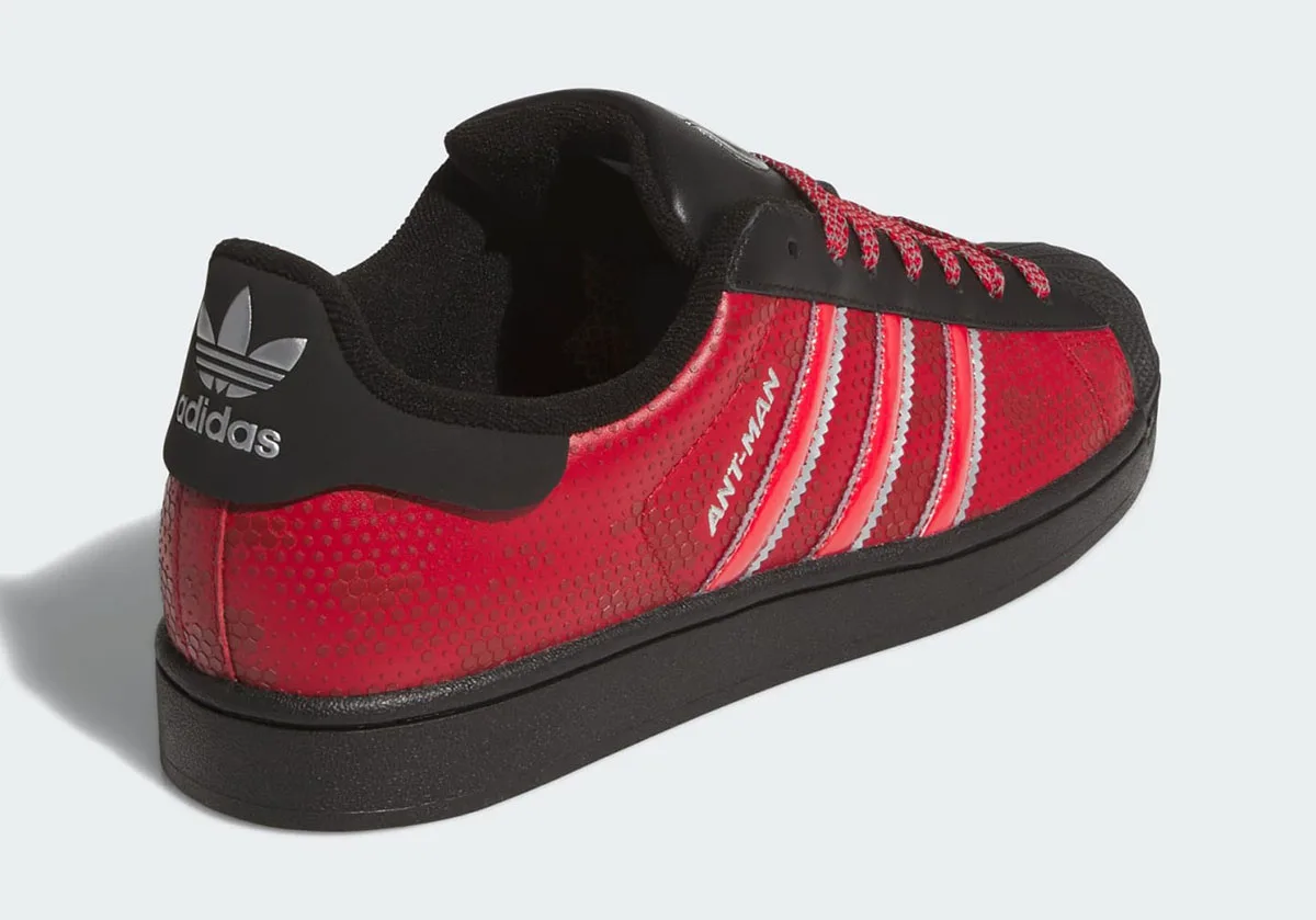 heel view, red and black shoe with silver trefoil logo and Ant-Man text on quarter, Avengers: Doomsday