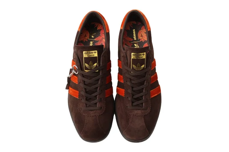 top-down pair, brown suede upper with orange stripes and floral insole lining, KOYO