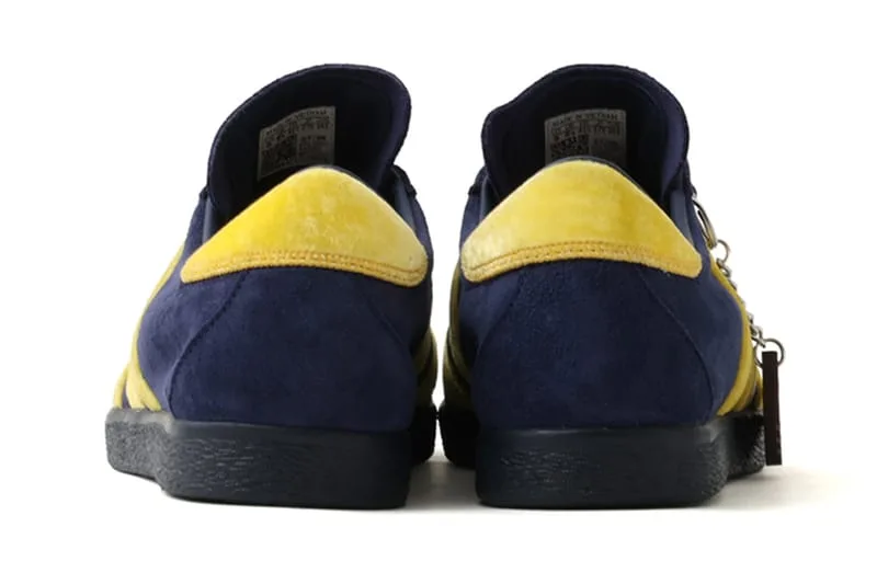 heel view of pair, navy suede with yellow suede heel tabs, KOYO