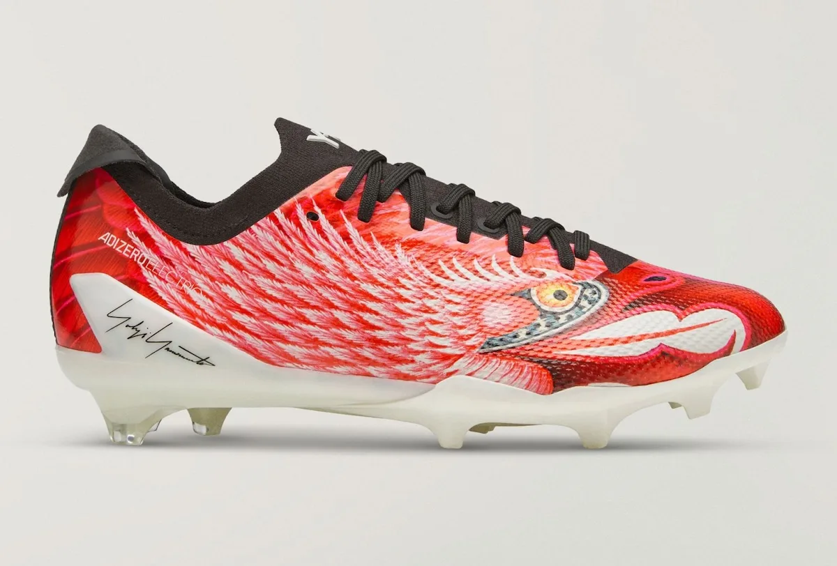 Lateral side, red bird graphic with black collar and signature on heel, Beast