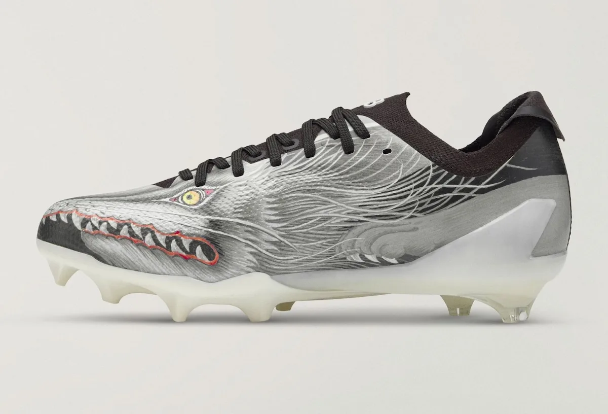 Lateral side close-up, grey wolf face with sharp teeth on white sole, Beast