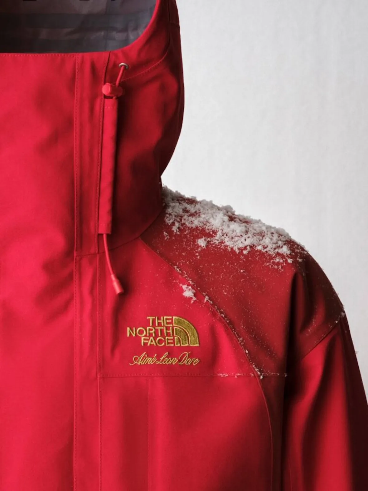 detail, red jacket shoulder dusted with snow, gold embroidered logo, Fall/Winter 2026 Collection