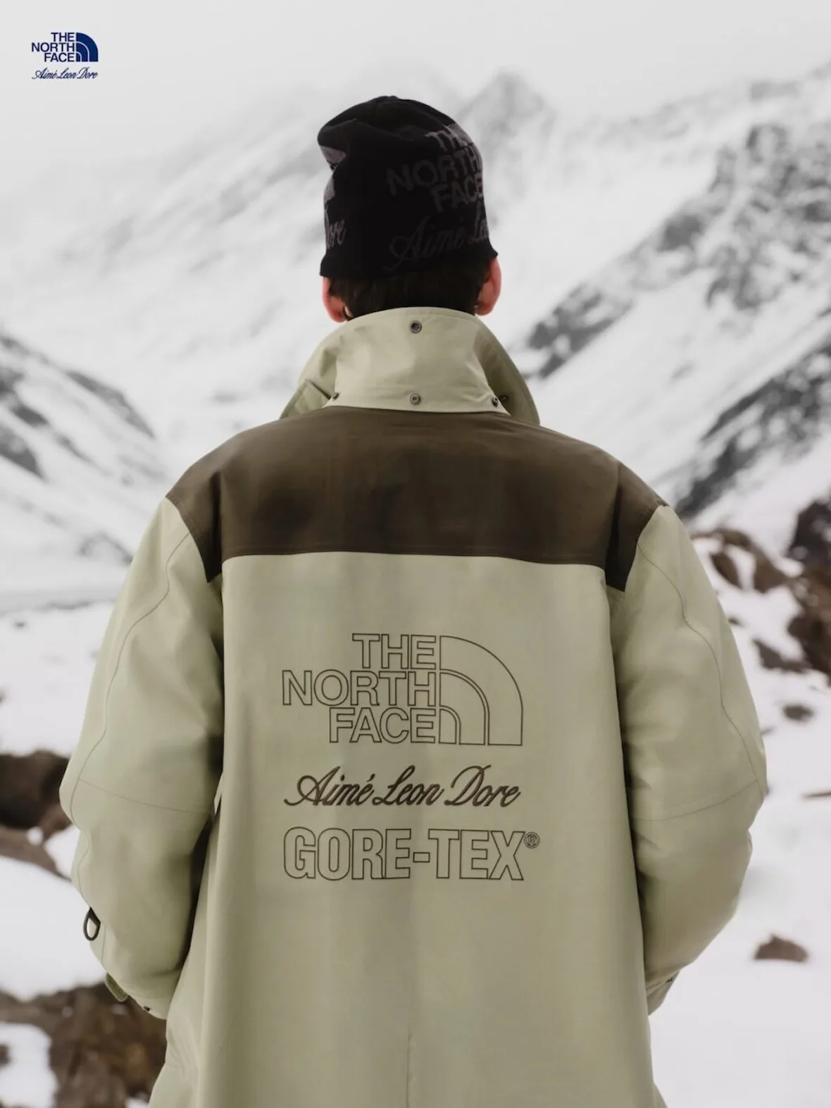 back view, sage green jacket with logo text across back, snowy mountains, Fall/Winter 2026 Collection