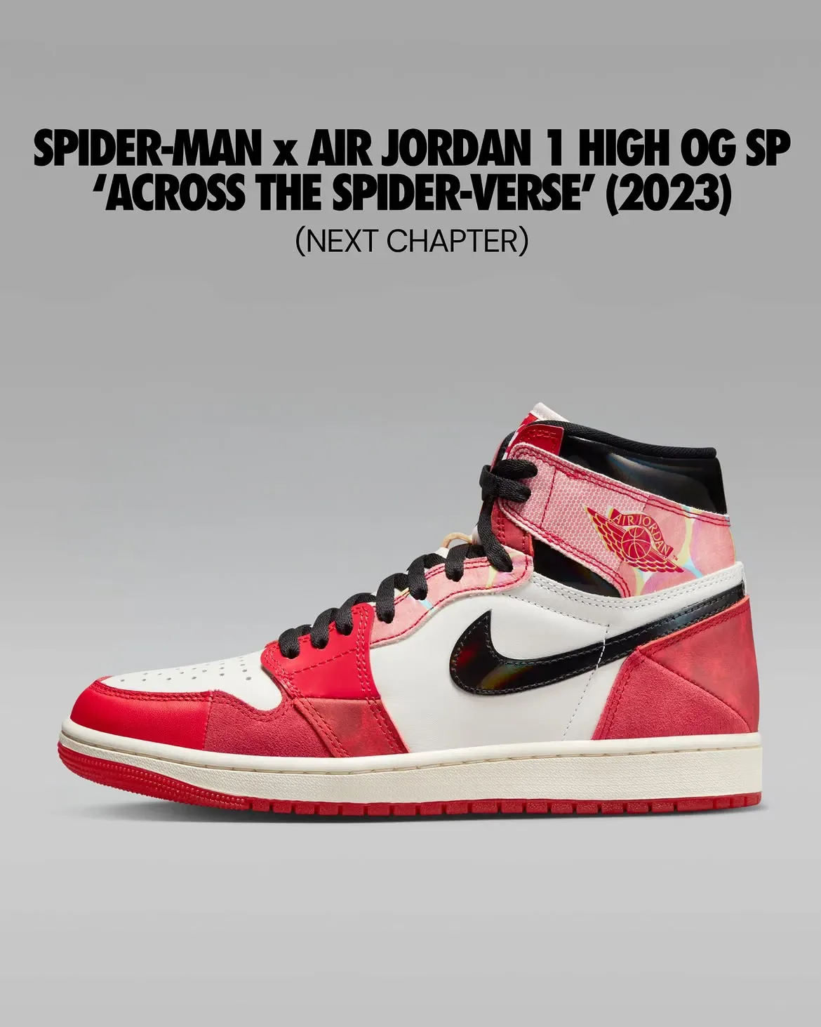 lateral view, red toe and heel, white midfoot, pink jordan wings tag on tongue, Beyond the Spider-Verse