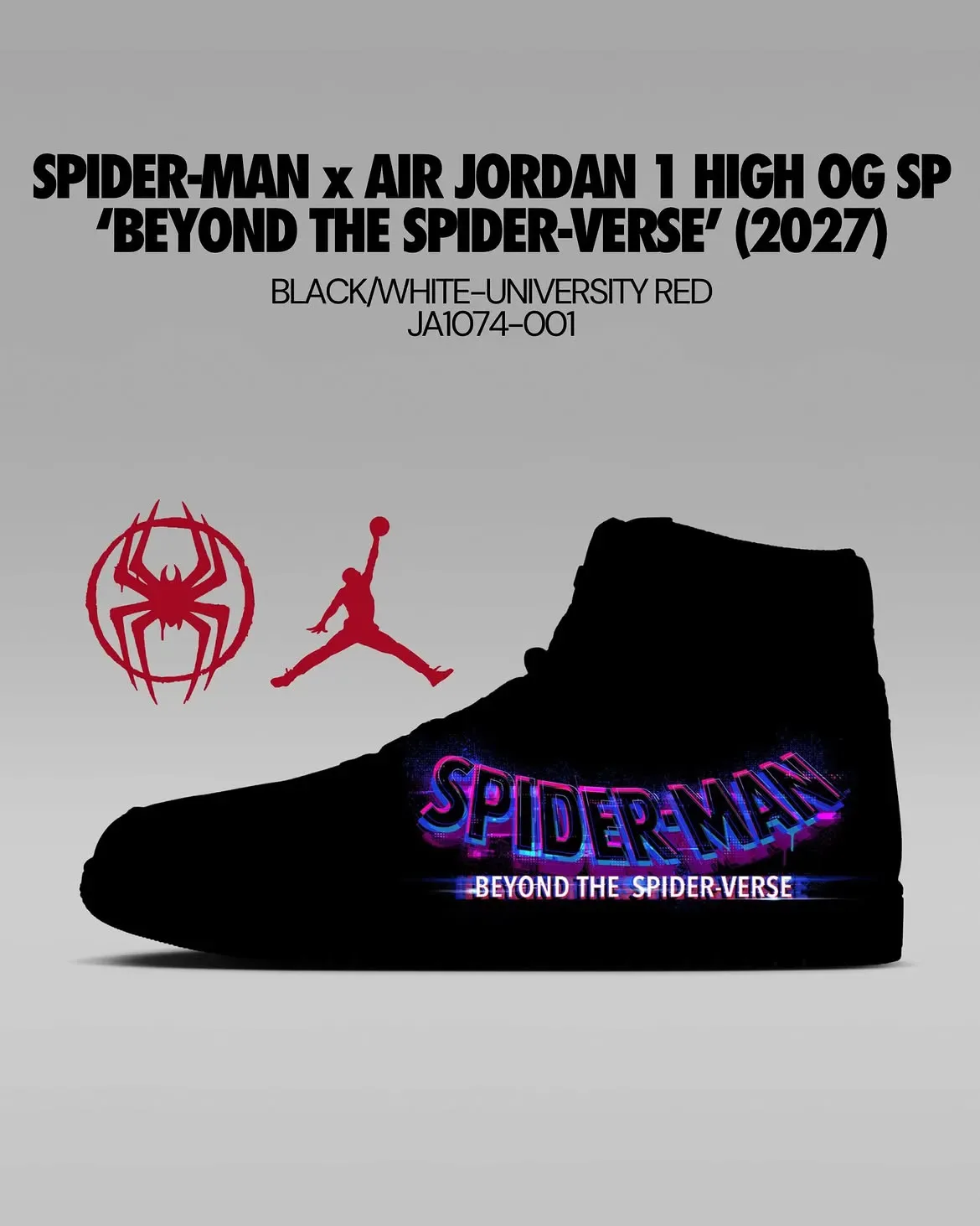 black lateral silhouette with red spider emblem and colourful spider-man heel print, Beyond the Spider-Verse