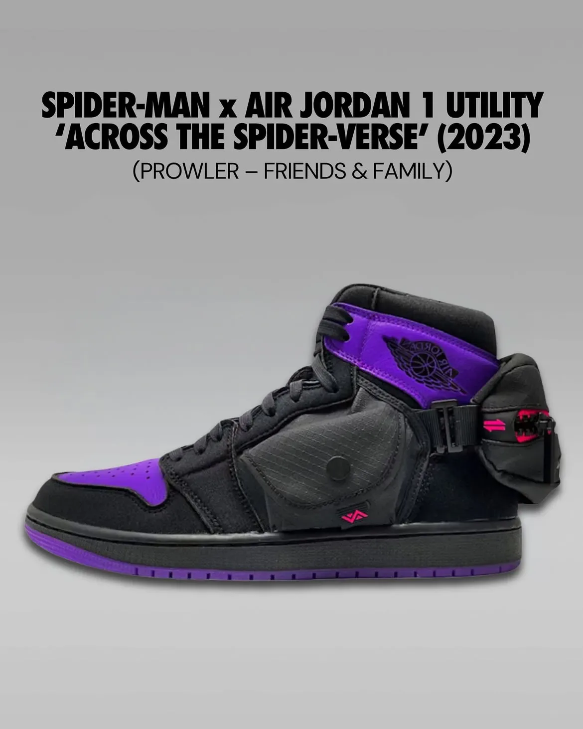 lateral view, black and purple high-top with pink zip pouch strap at heel, Beyond the Spider-Verse
