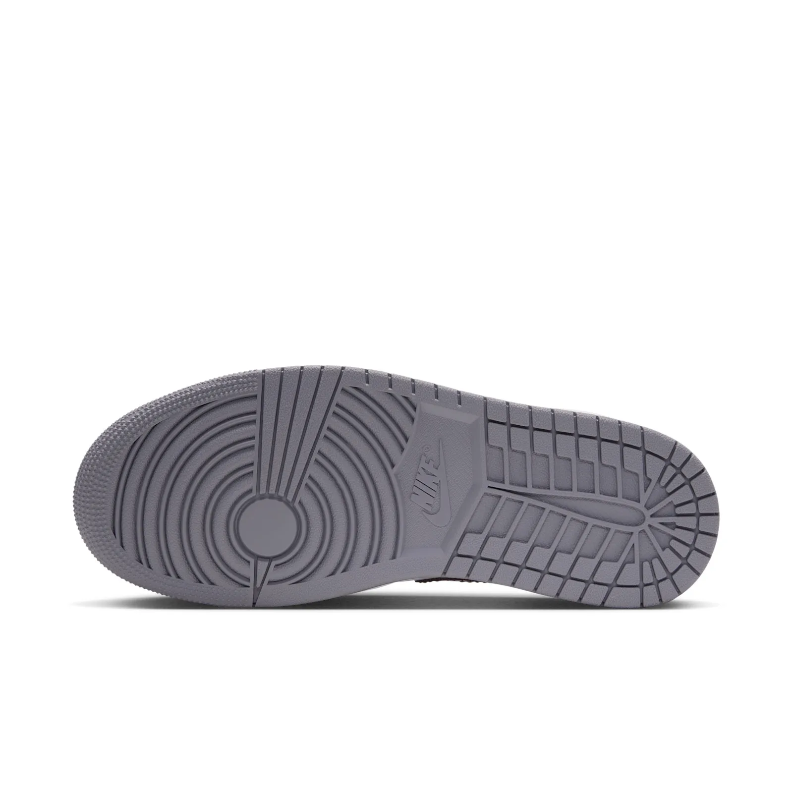 Outsole view, grey rubber sole with Nike logo and circular traction pattern, Bouclé