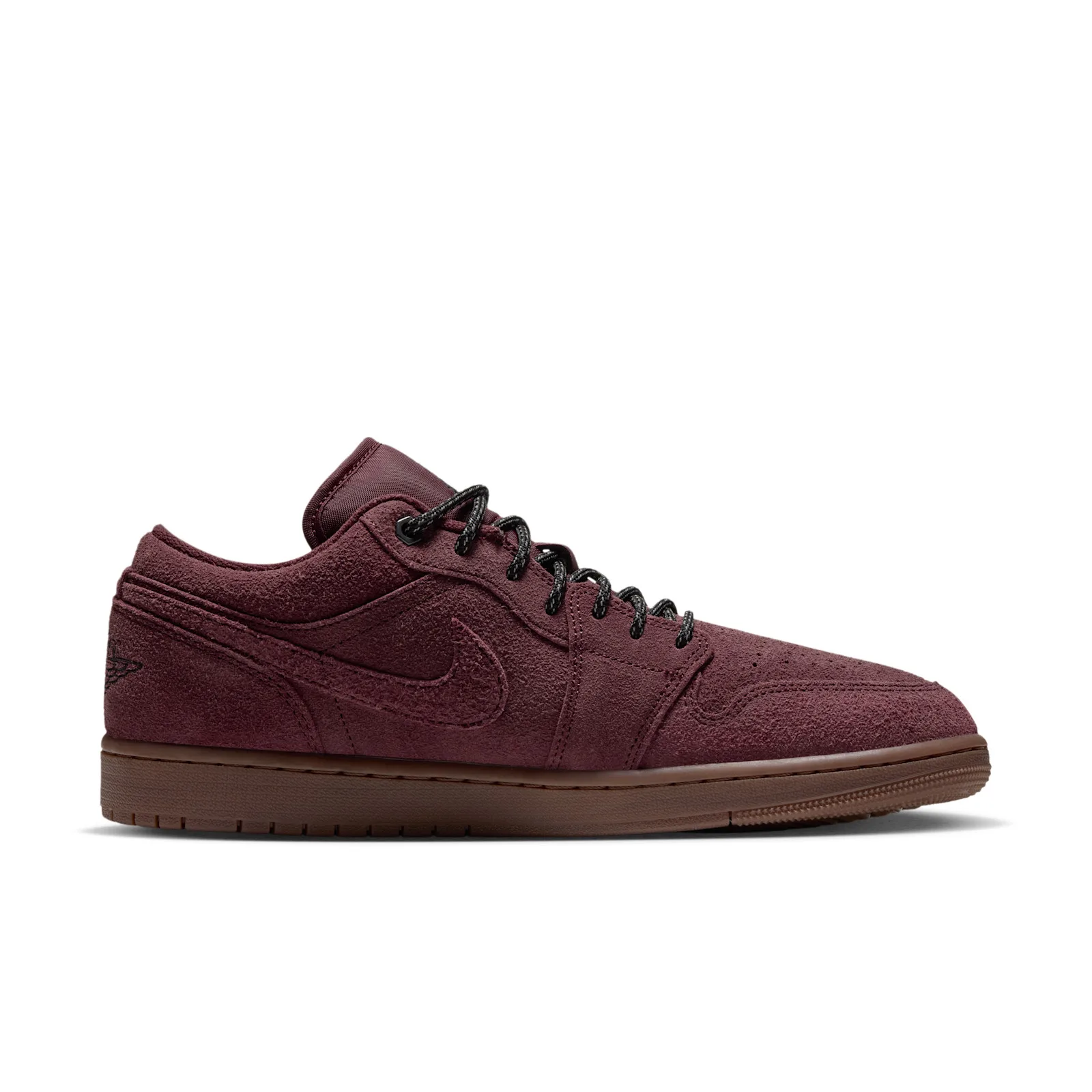 medial view, burgundy suede upper with black rope laces and gum sole, Dark Team Red