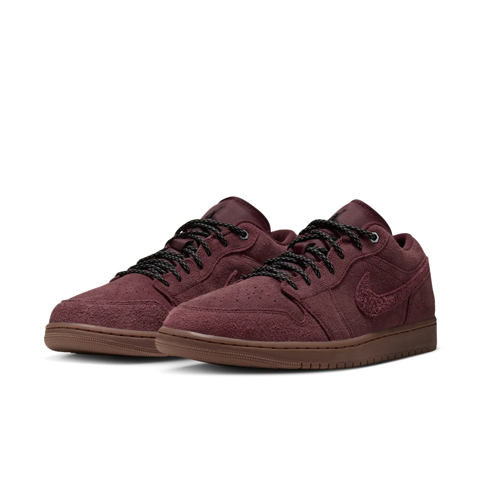 front three-quarter pair view, burgundy suede sneakers with gum soles, Dark Team Red