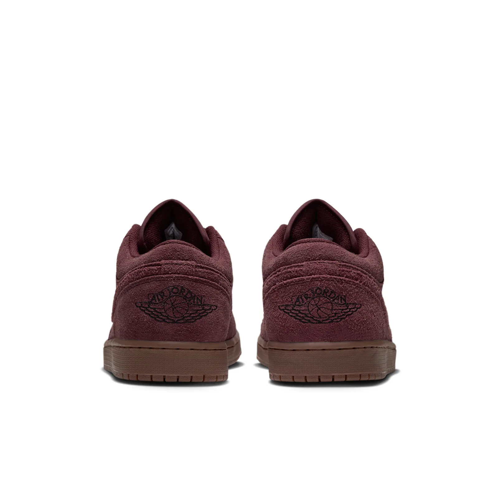 heel view of pair showing Wings logo stitched in black on burgundy suede, Dark Team Red