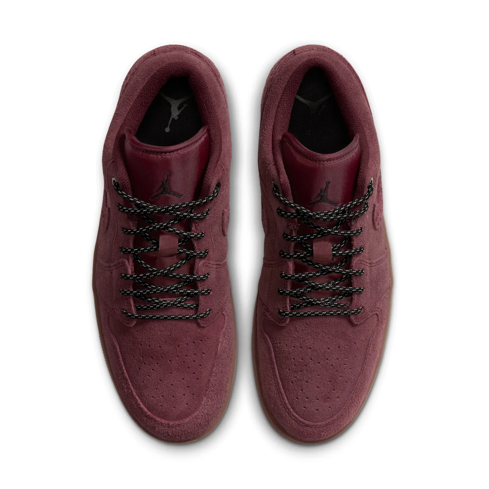 top-down view of pair, burgundy suede with black patterned laces, Dark Team Red