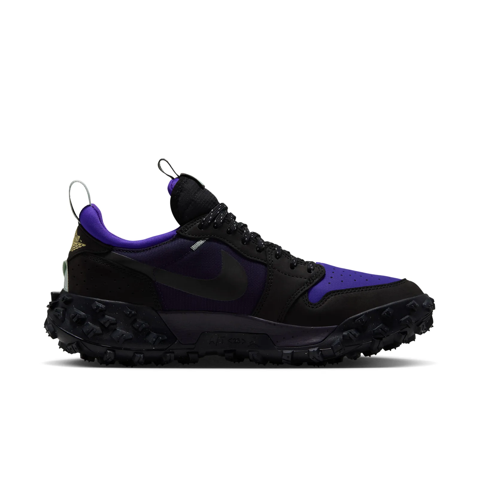 lateral view, black and purple upper with mint pull tab, gold wings logo on heel, Low Element GTX