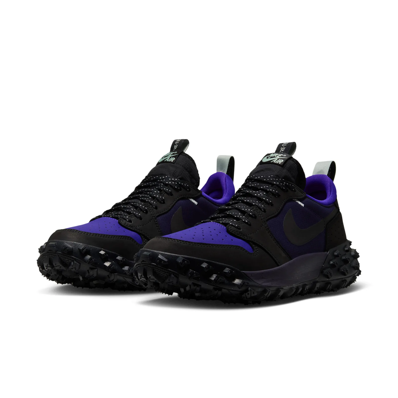 front angled pair view, purple tongues and toe boxes with black lugged soles, Low Element GTX