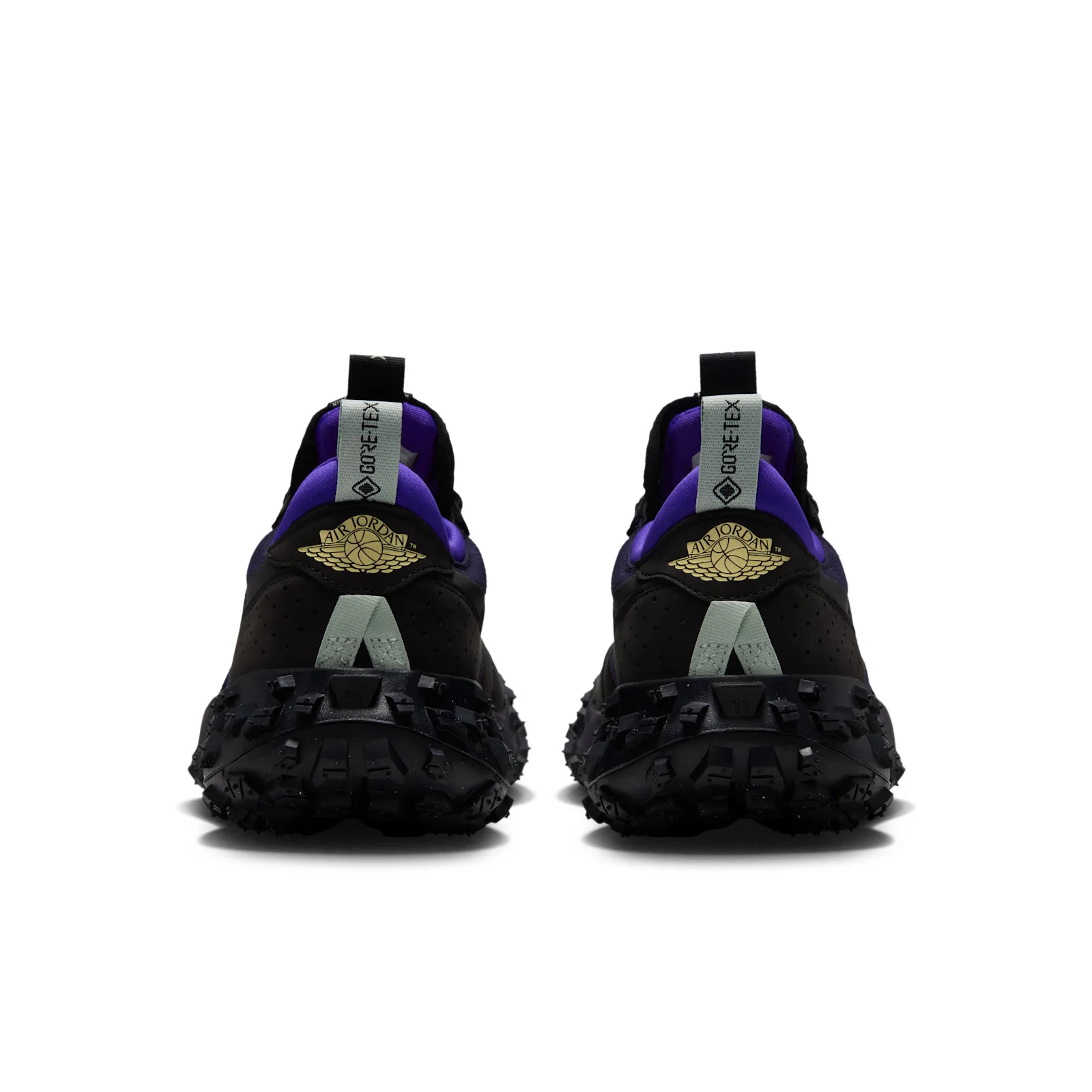 heel view of pair, gold air jordan wings logo and grey gore-tex pull tabs, Low Element GTX
