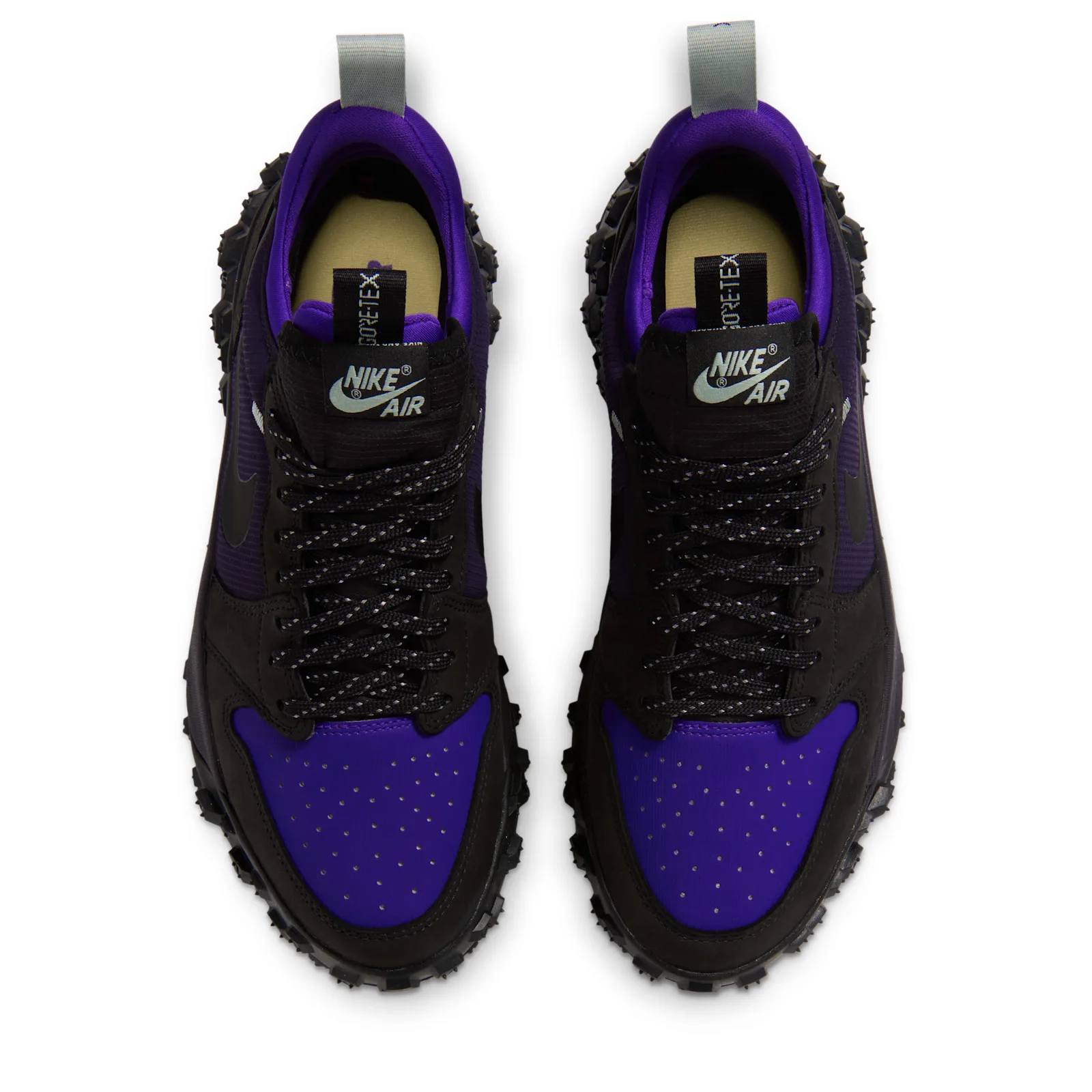 top-down view of pair, black laces, purple tongues, gold wings tag inside, Low Element GTX