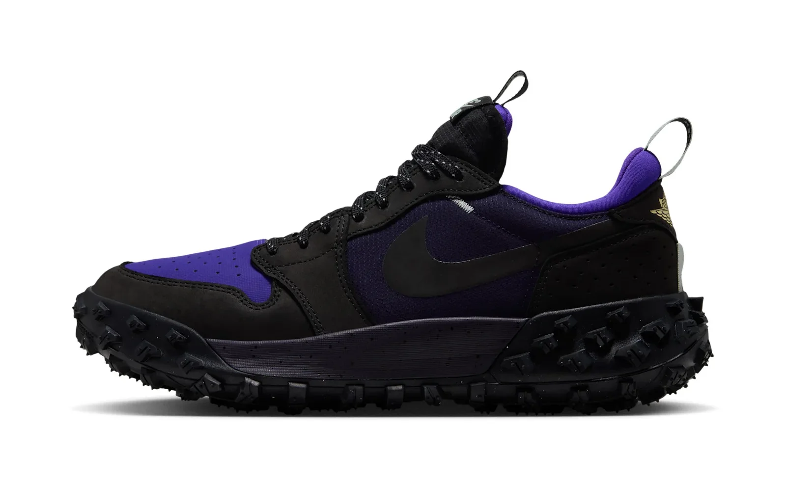lateral view, black and purple upper with rugged black lug outsole, Air Jordan 1 Low Element GTX