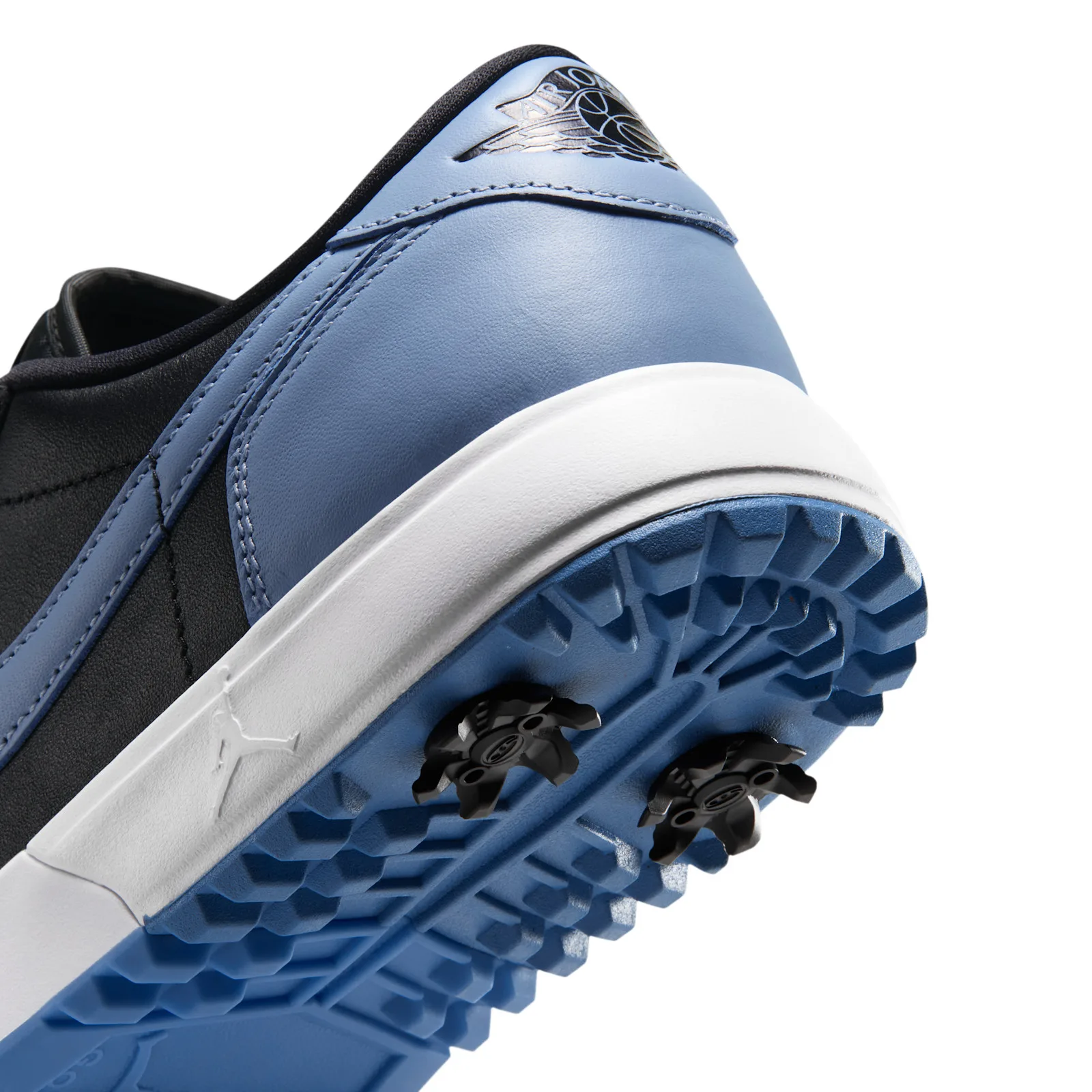 close-up heel detail, blue leather counter with metallic Air Jordan wings logo, Chambray