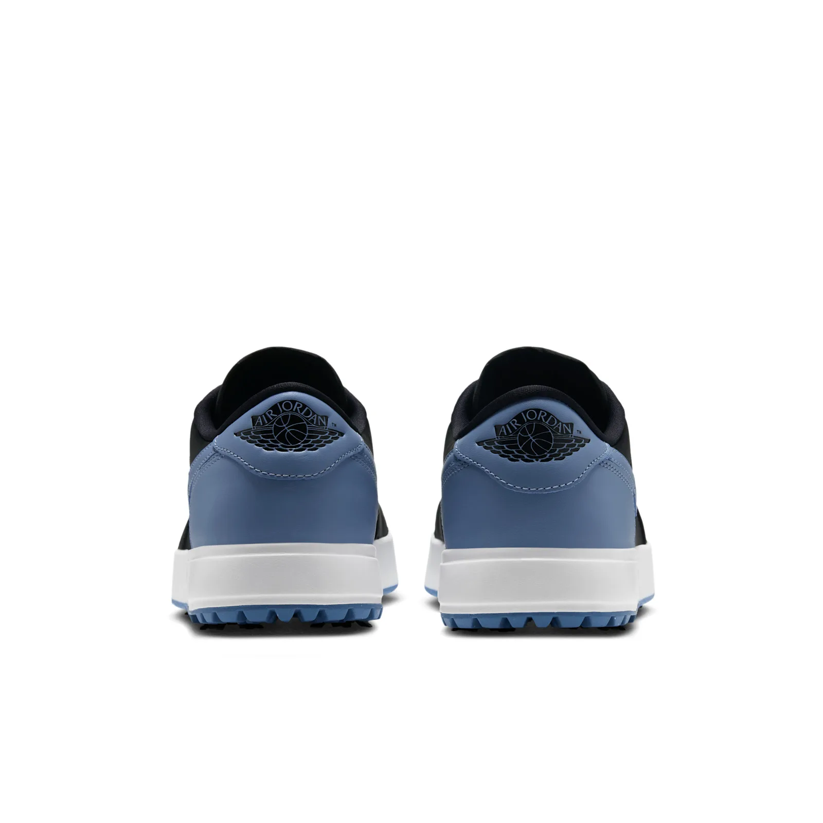 heel view of pair, blue heel counters with black Air Jordan wings logo, Chambray