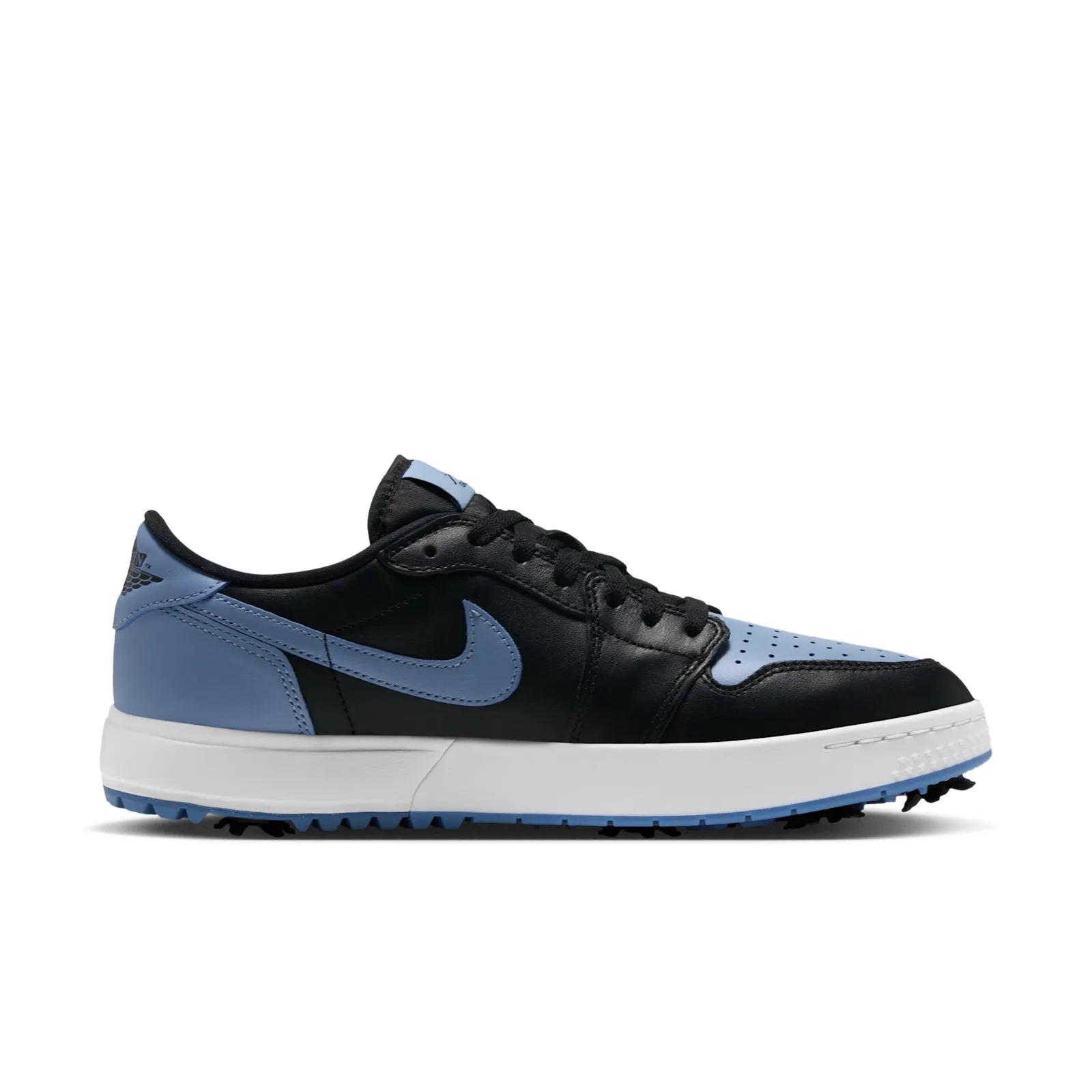 opposite lateral view showing blue heel tab with Jordan wings logo and blue swoosh, Chambray