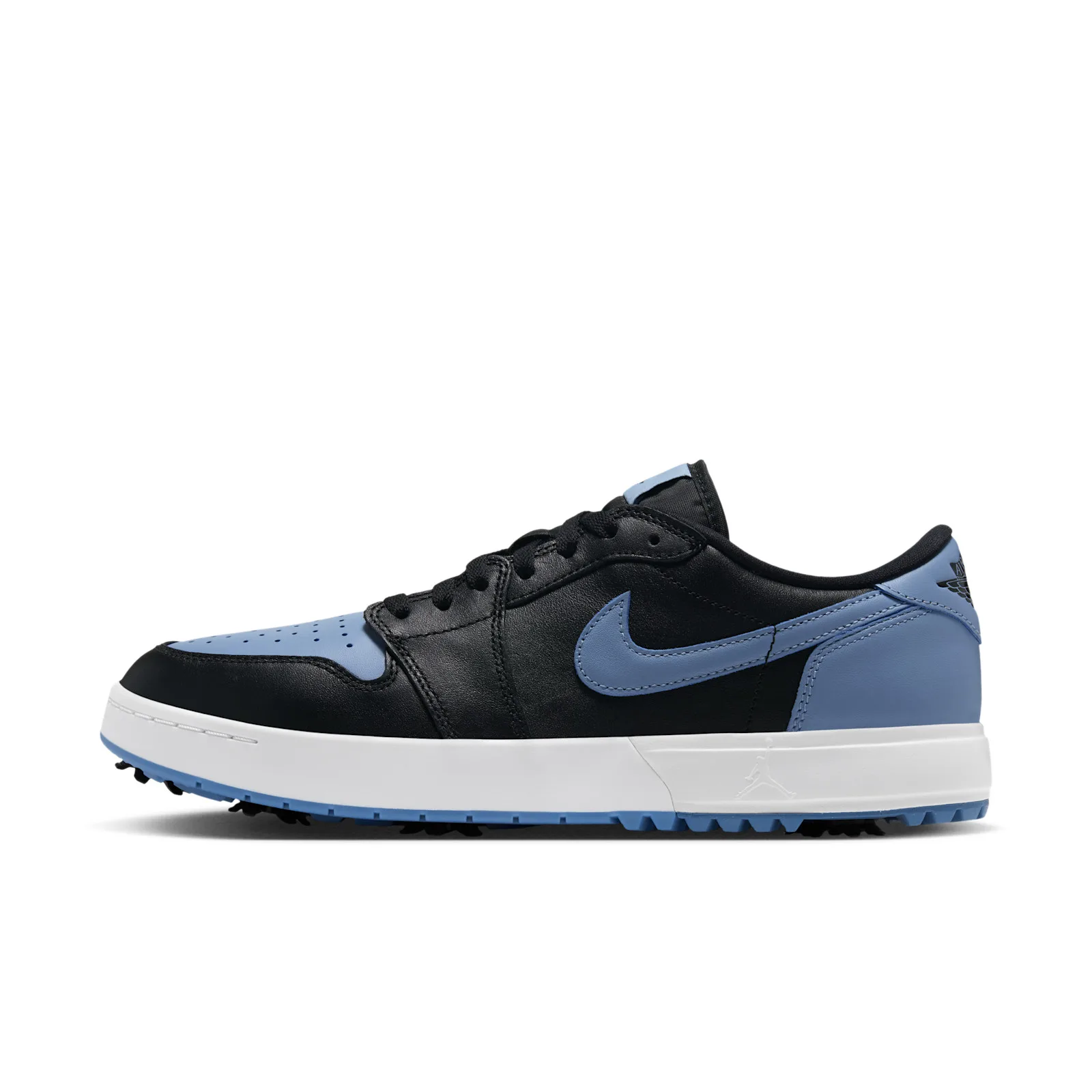 lateral view, black upper with blue swoosh, toe box and heel panel, white sole, Chambray