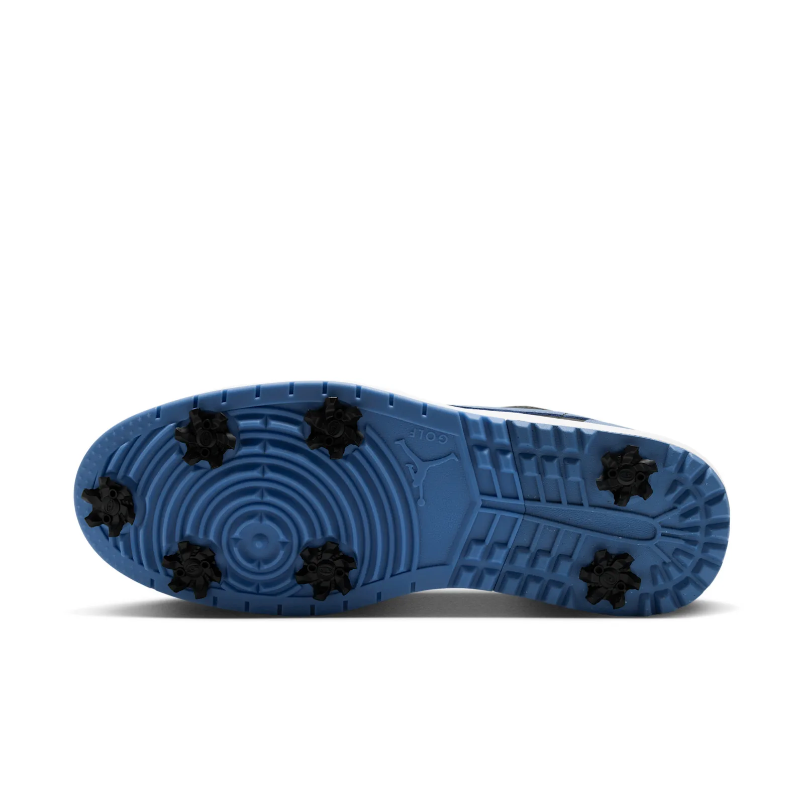 outsole of single shoe, blue cleated sole with black spikes and Jordan Golf branding, Chambray