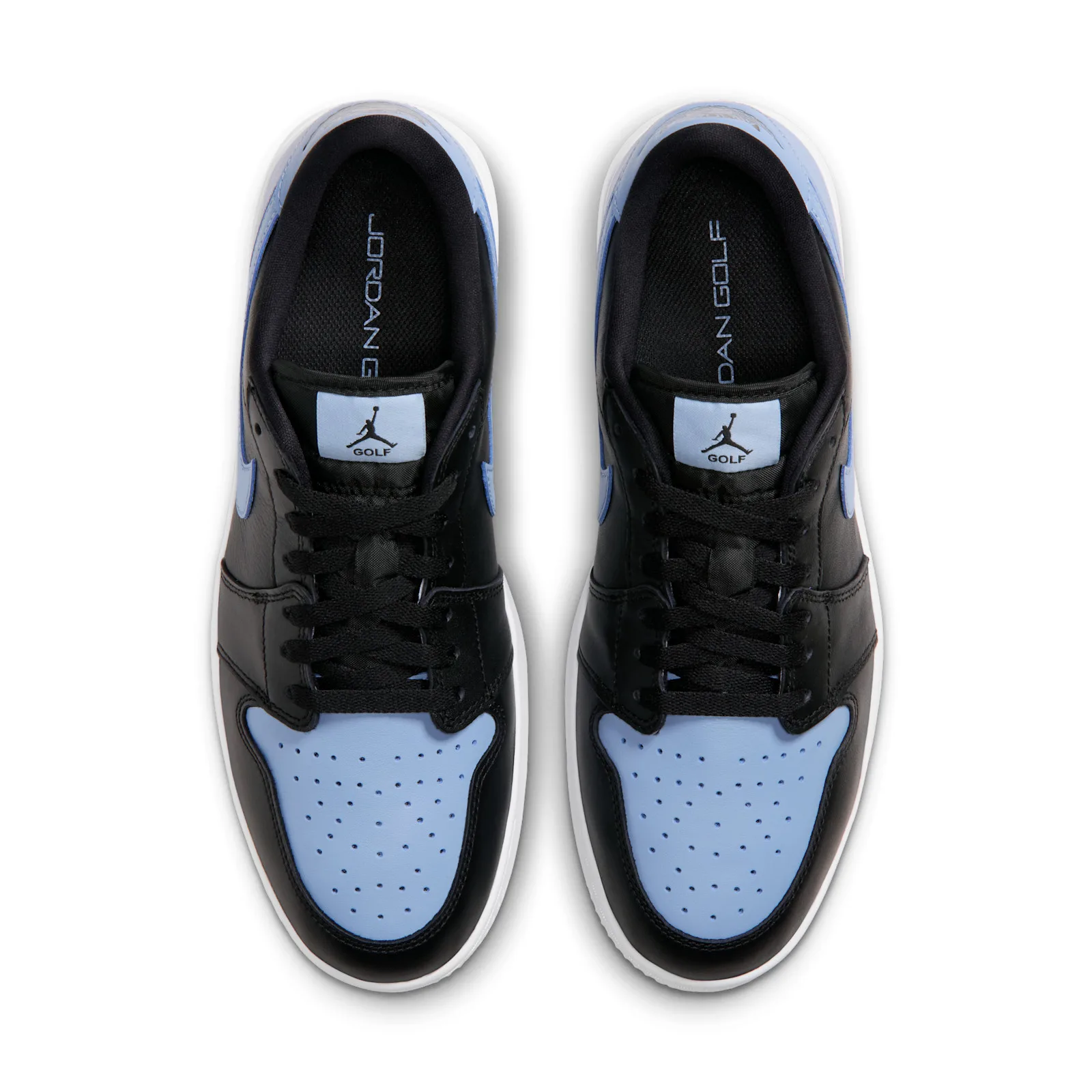 top-down view of pair, blue tongue tags with Jordan Golf logo and blue toe caps, Chambray