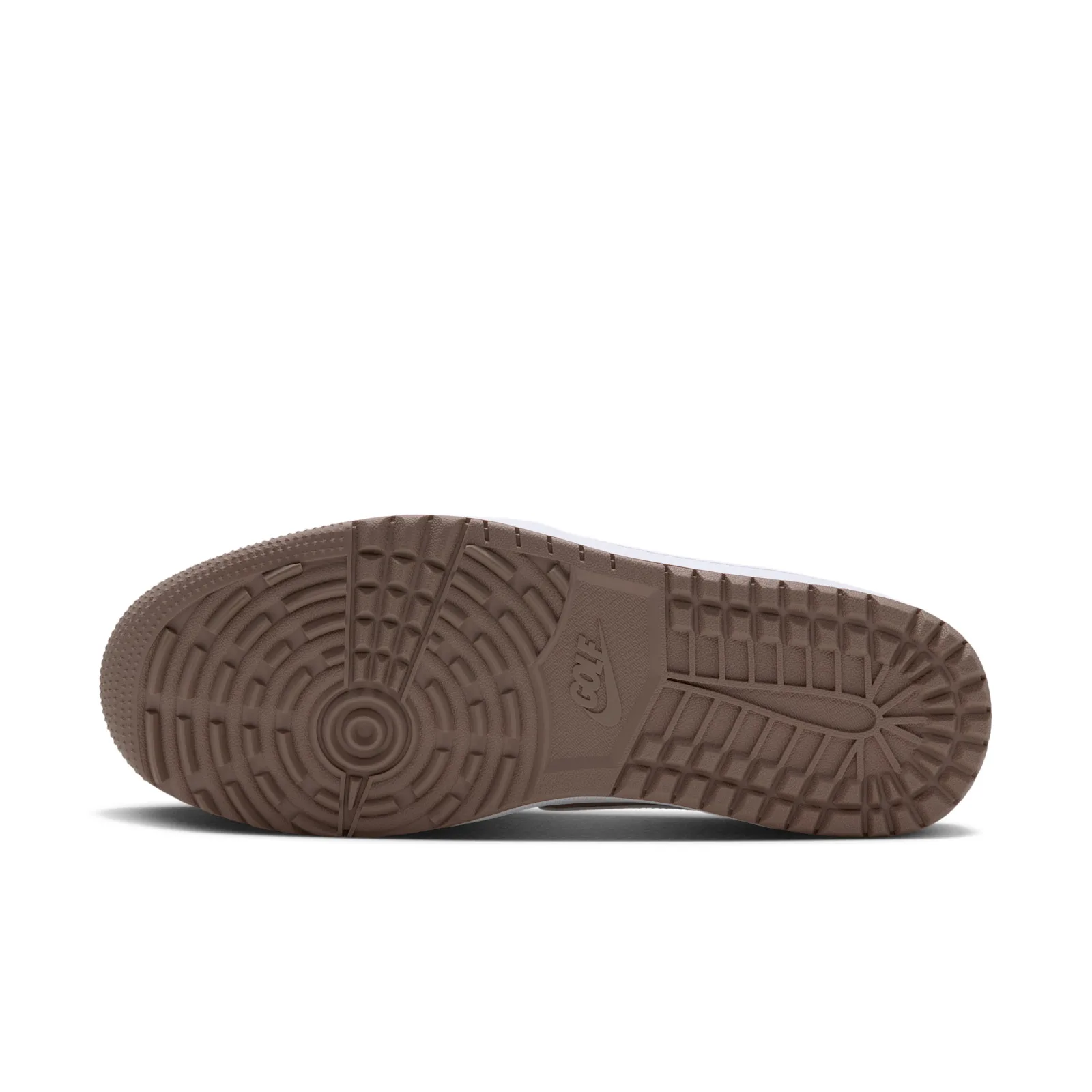 outsole view showing brown tread pattern and embossed Golf text, Medium Olive/Khaki
