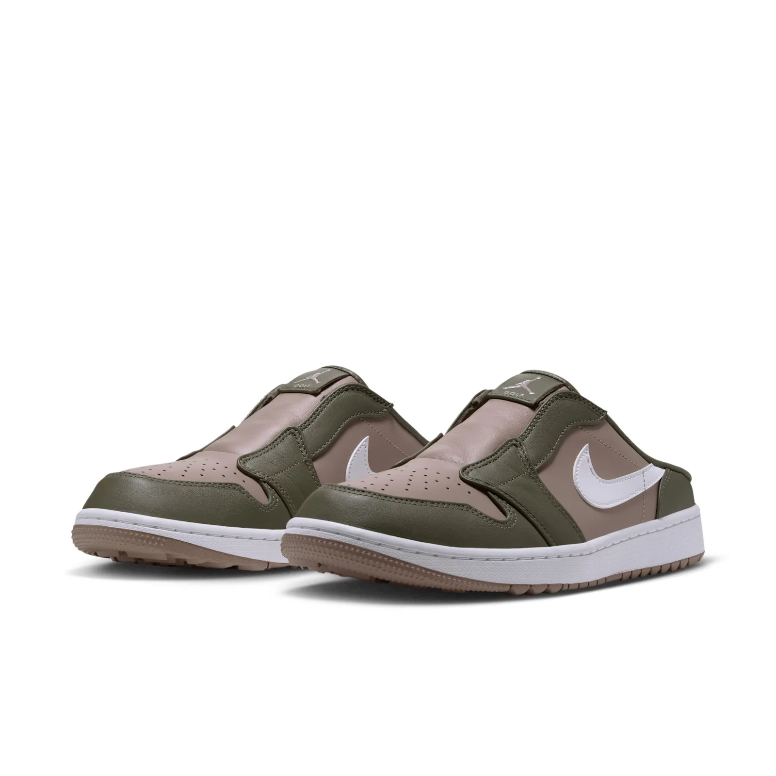 front three-quarter pair view showing slip-on mule silhouette, Medium Olive/Khaki