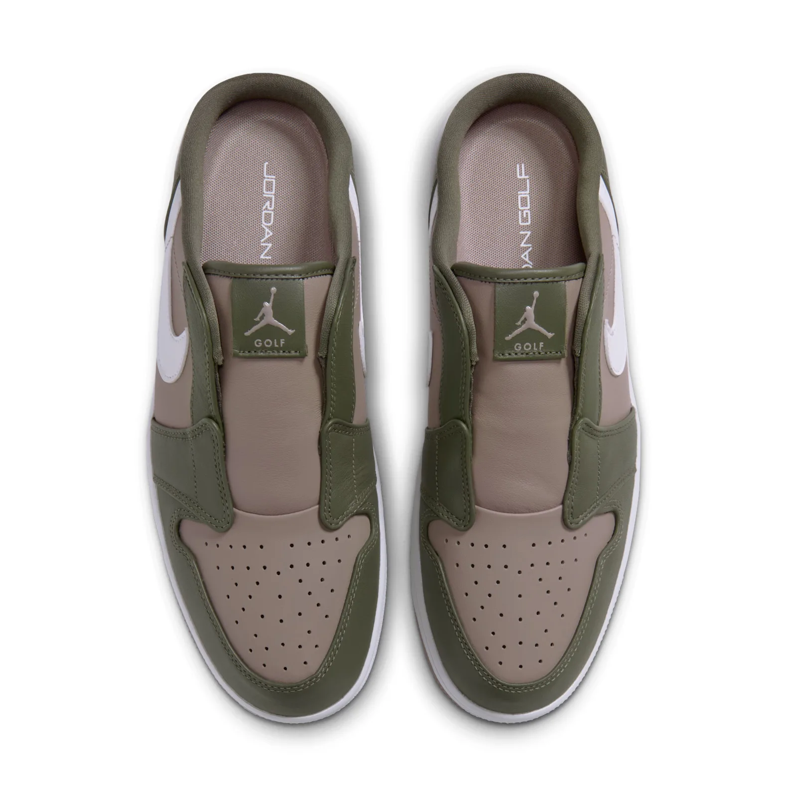 top-down pair view showing khaki insoles with Jordan Golf text, Medium Olive/Khaki