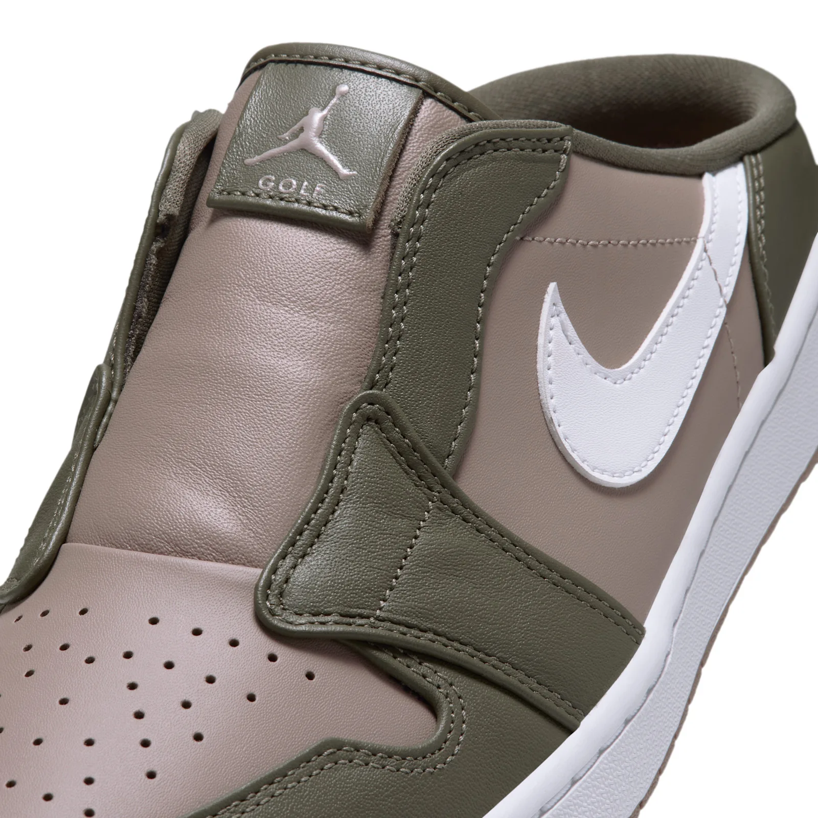 close-up of tongue tab with Jumpman Golf logo and white Swoosh, Medium Olive/Khaki