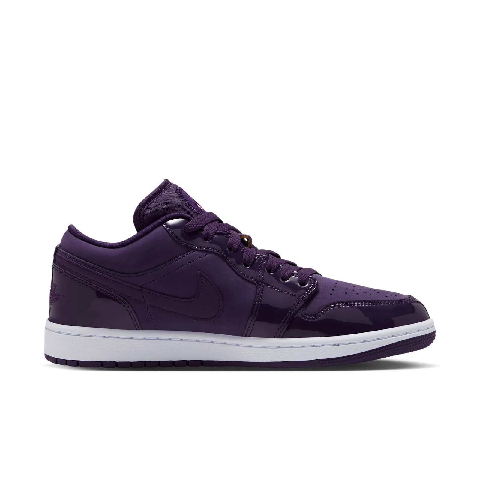 medial view, purple patent toe cap and heel, embroidered Wings logo, Grand Purple