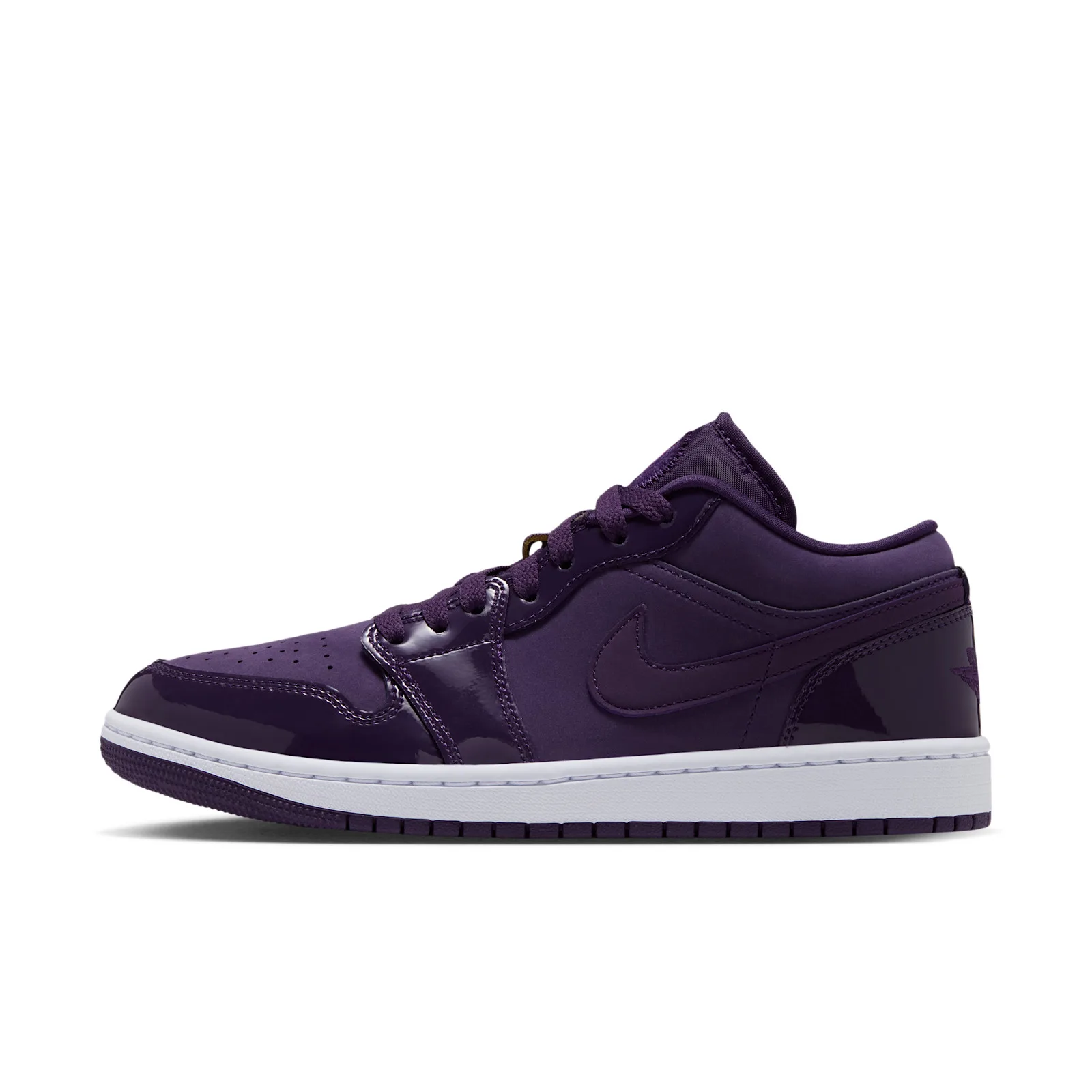 lateral view, dark purple suede and patent panels, white midsole on grey, Grand Purple