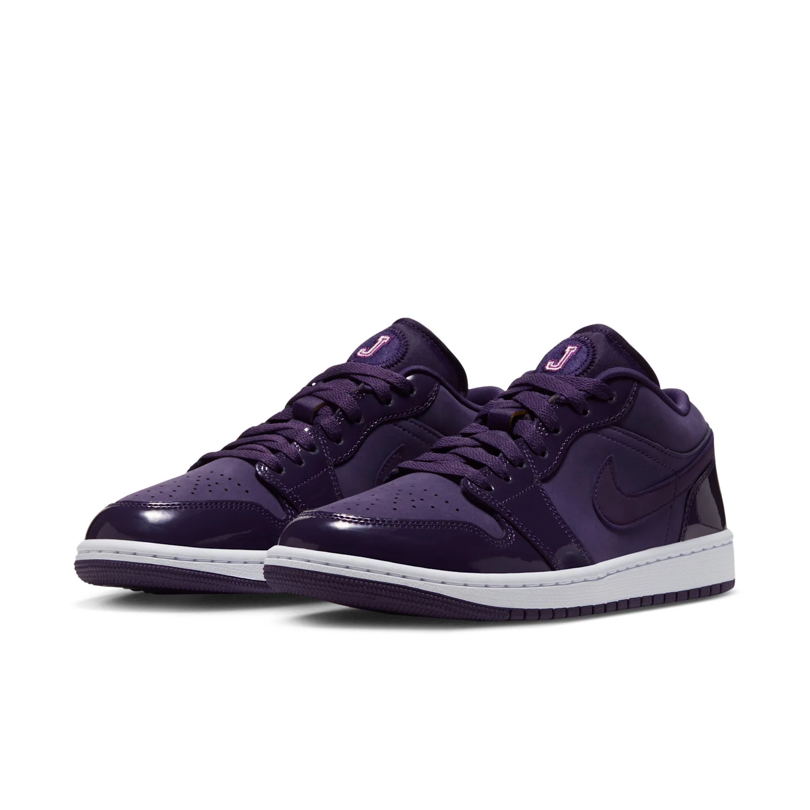 pair, angled front view, purple patent leather and suede with pink J tongue patch, Grand Purple