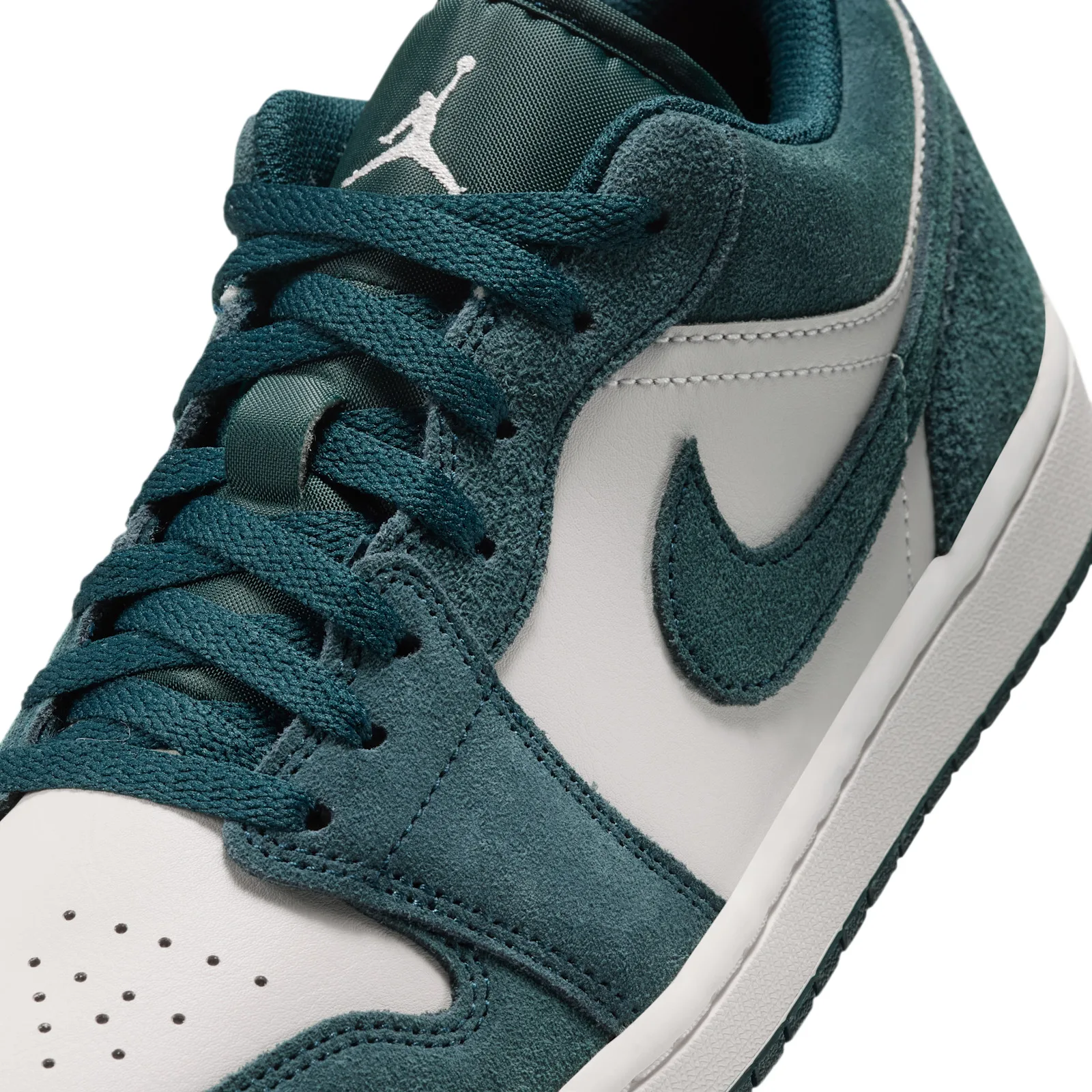 on-foot rear view, walking in green, black and white low-top sneakers, Midnight Spruce