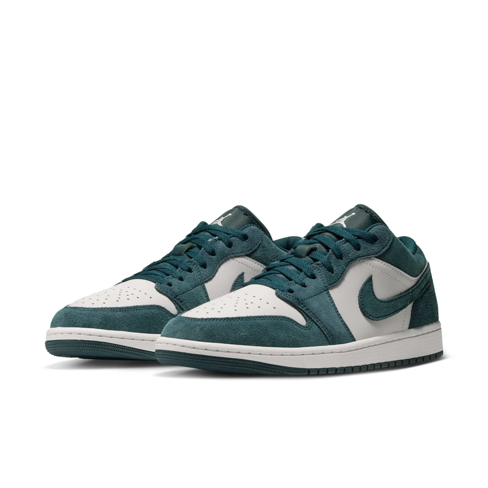 pair viewed from the front at an angle, teal suede toes and grey leather, Midnight Spruce