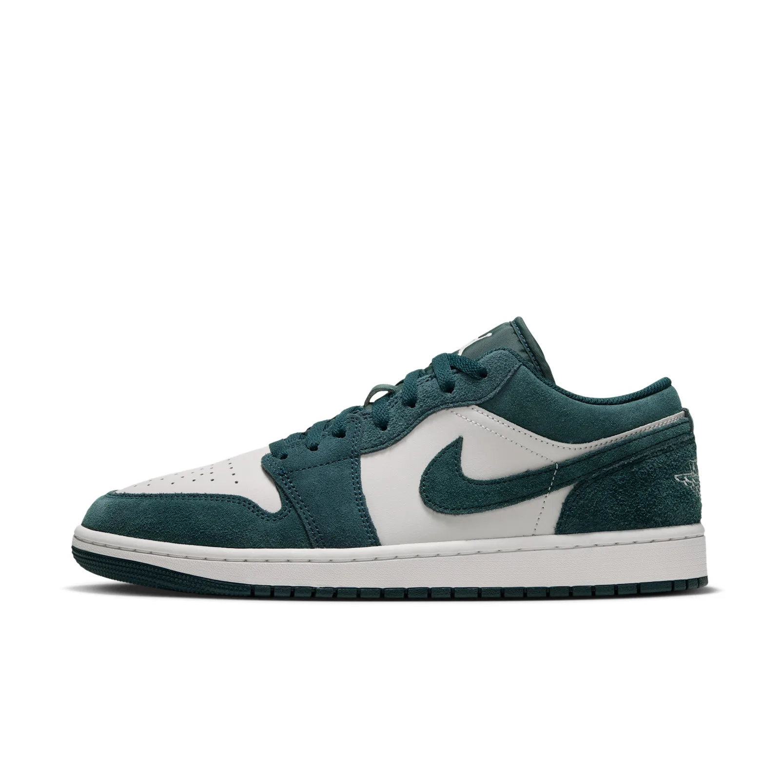 lateral view, teal suede swoosh and overlays on grey leather, white sole, Midnight Spruce