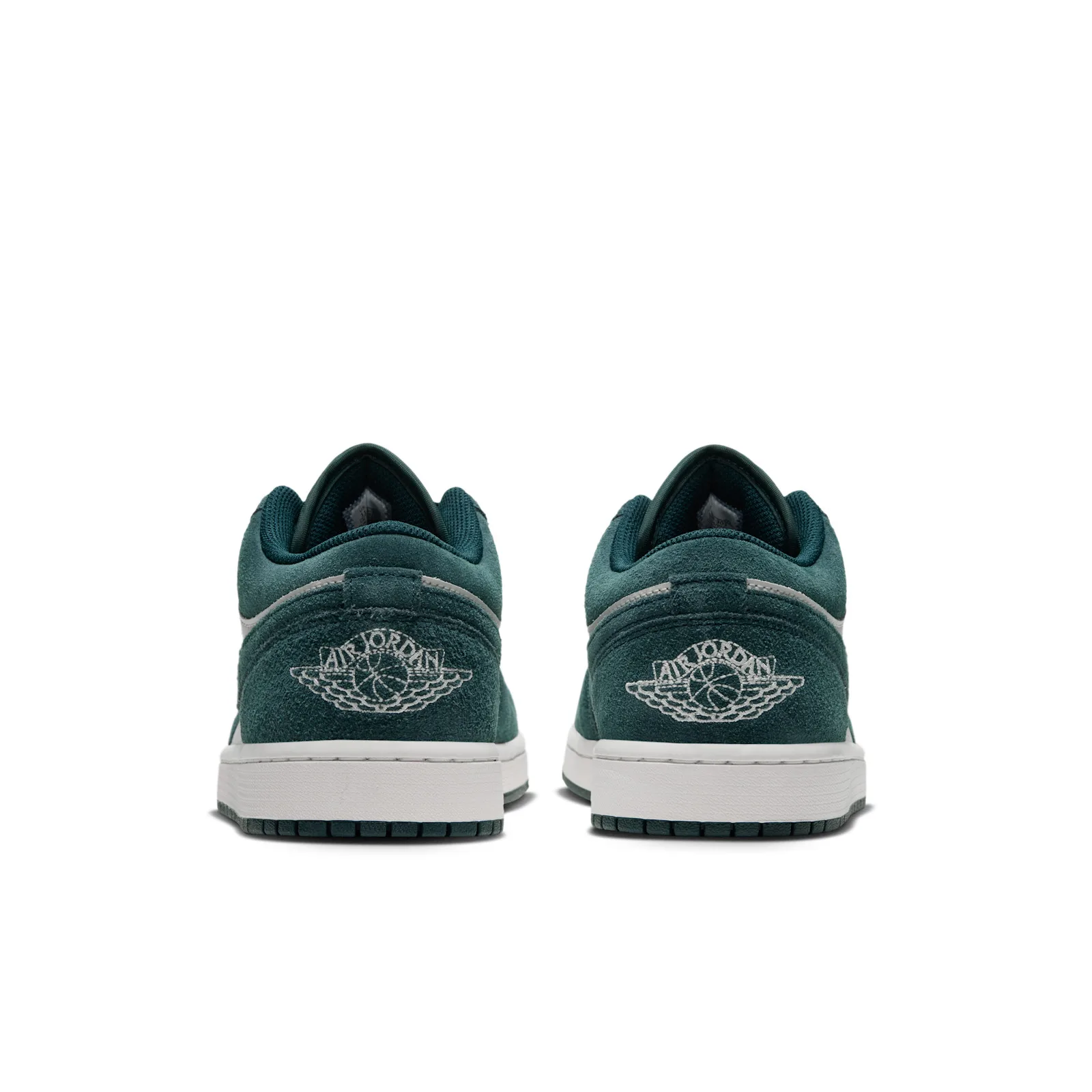 heel view of the pair, white Wings logo embroidered on teal suede, Midnight Spruce