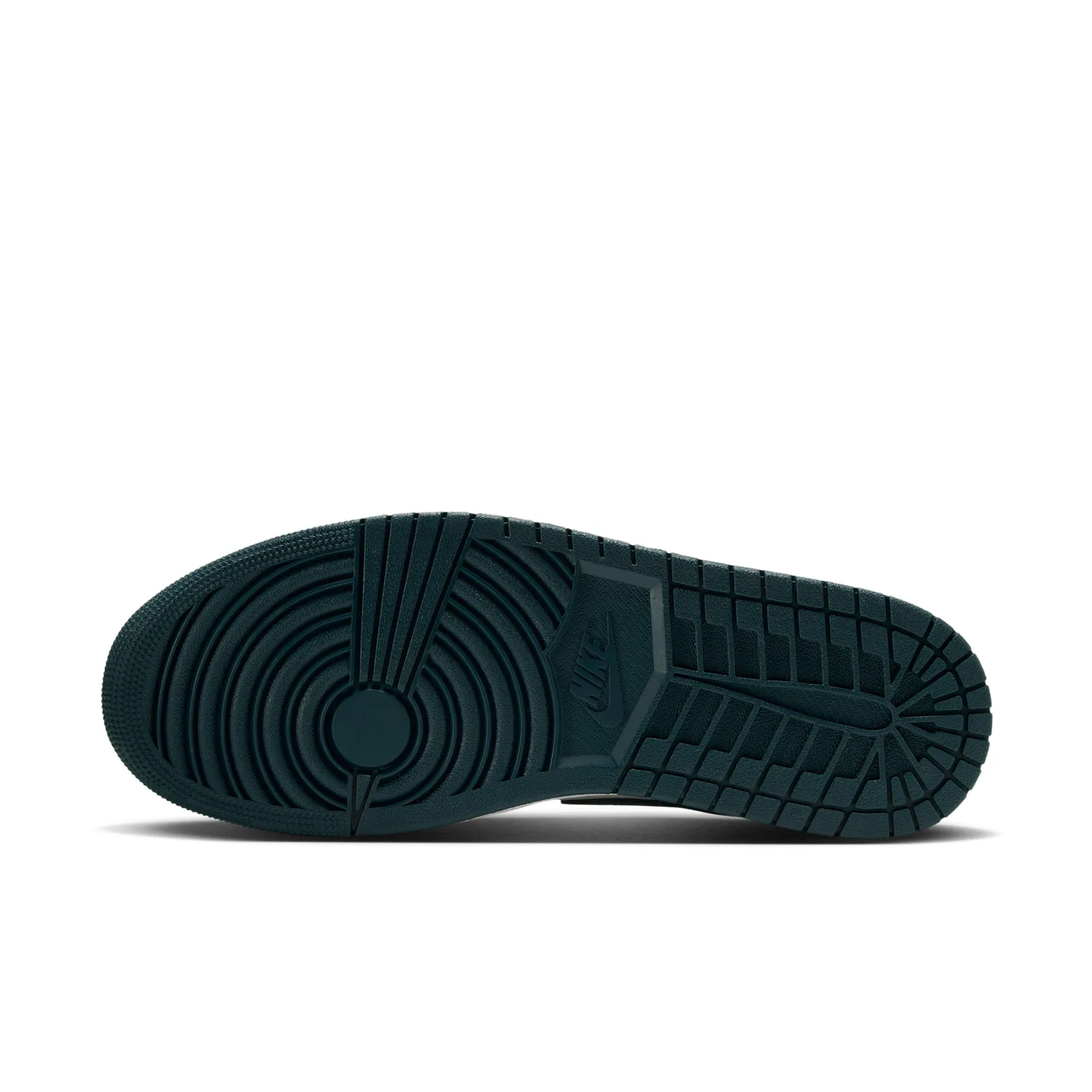 outsole view of the pair, teal rubber traction pattern with Nike branding, Midnight Spruce