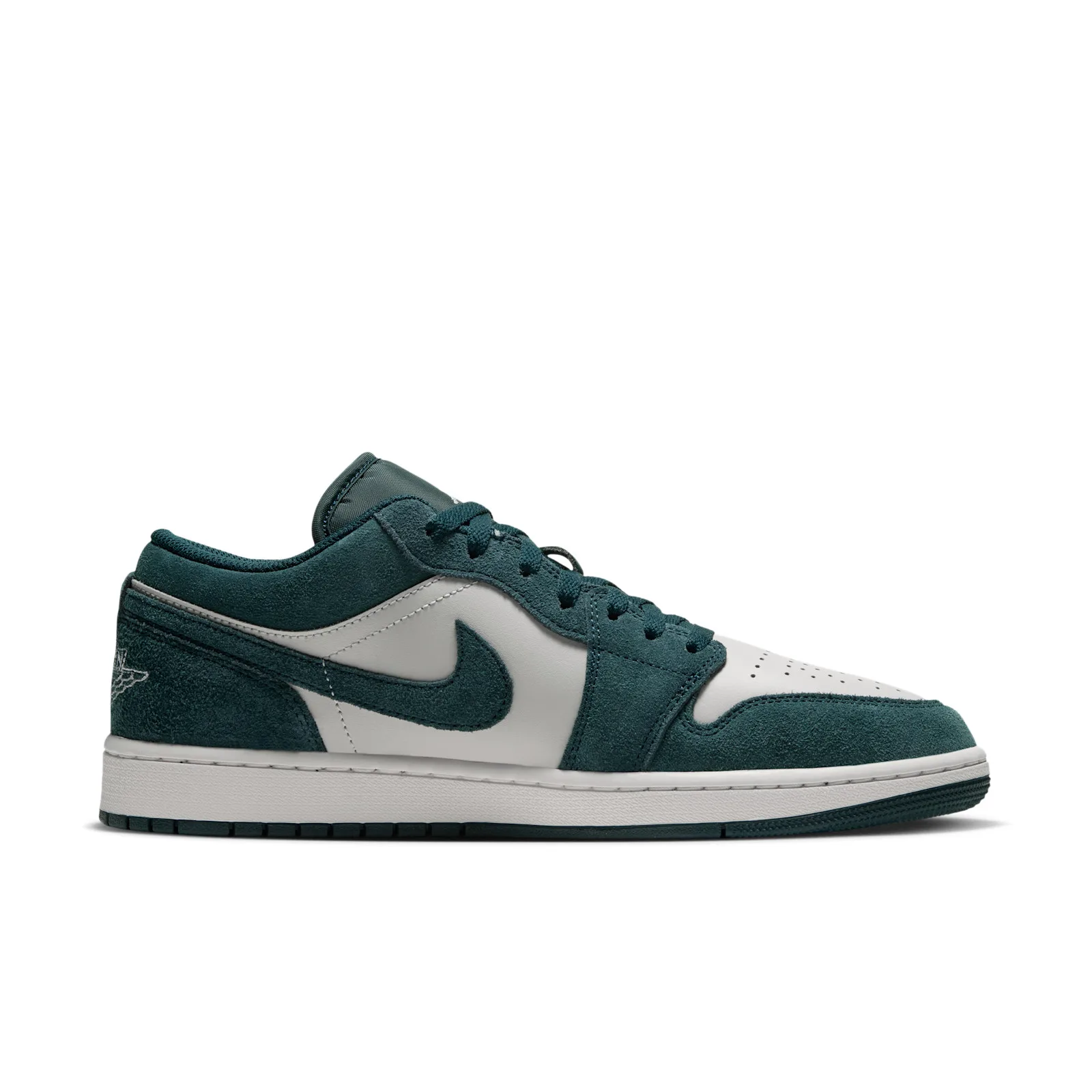 lateral view, teal suede overlays with wings logo stitched near the heel, Midnight Spruce