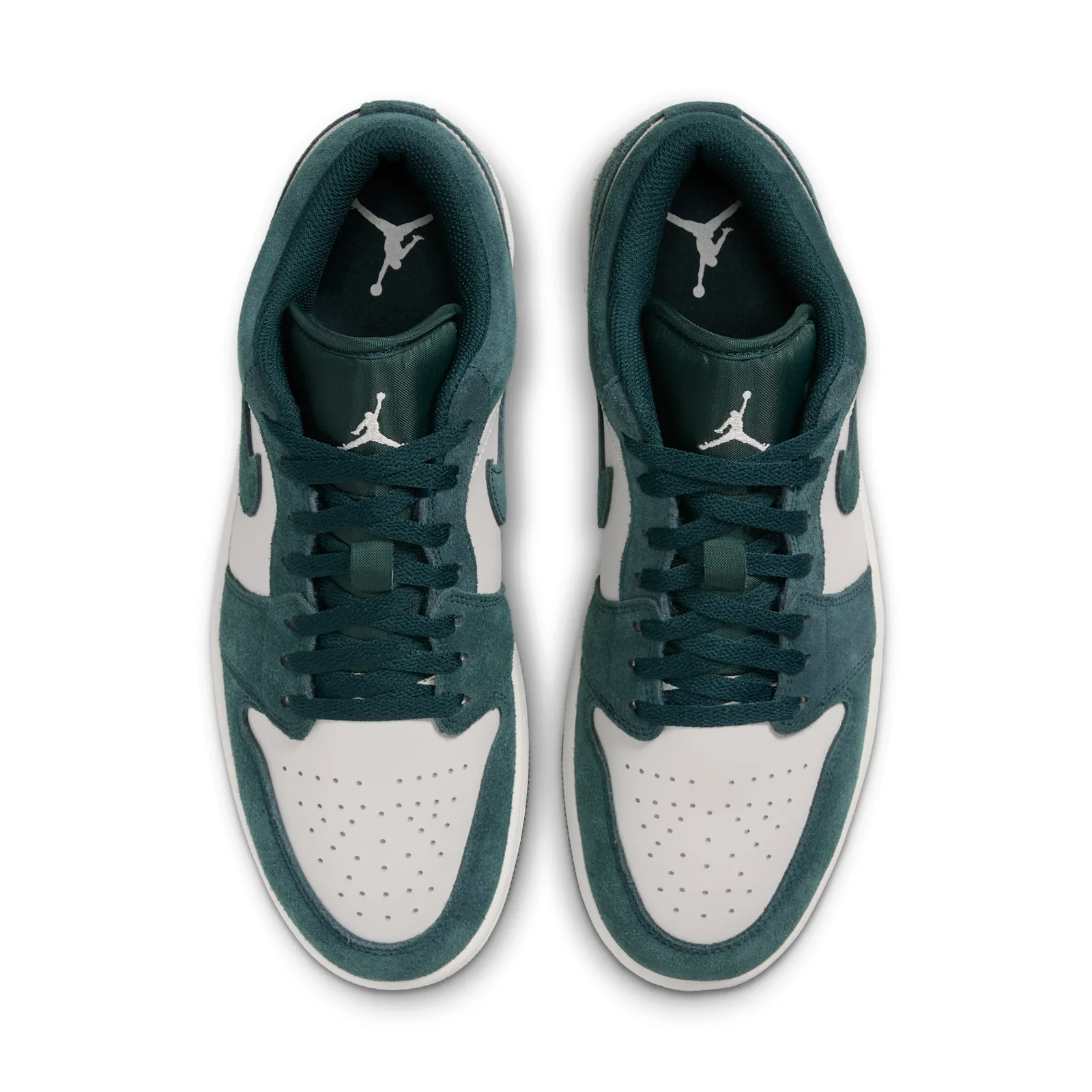 top-down pair view, teal suede overlays and Jumpman logo on the tongues, Midnight Spruce