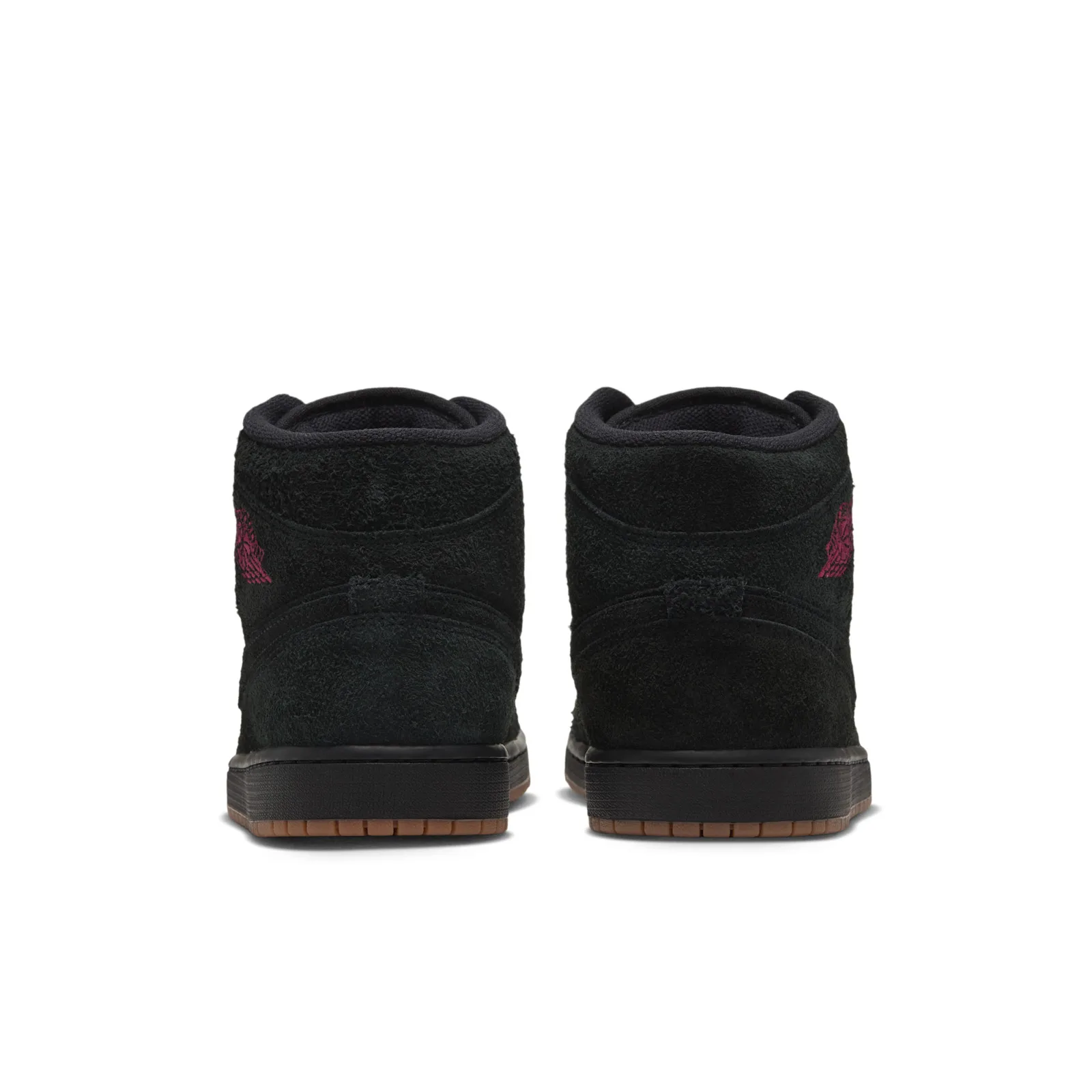 heel view of pair, black suede with burgundy wings logo embroidery, Jordan 1 Mid