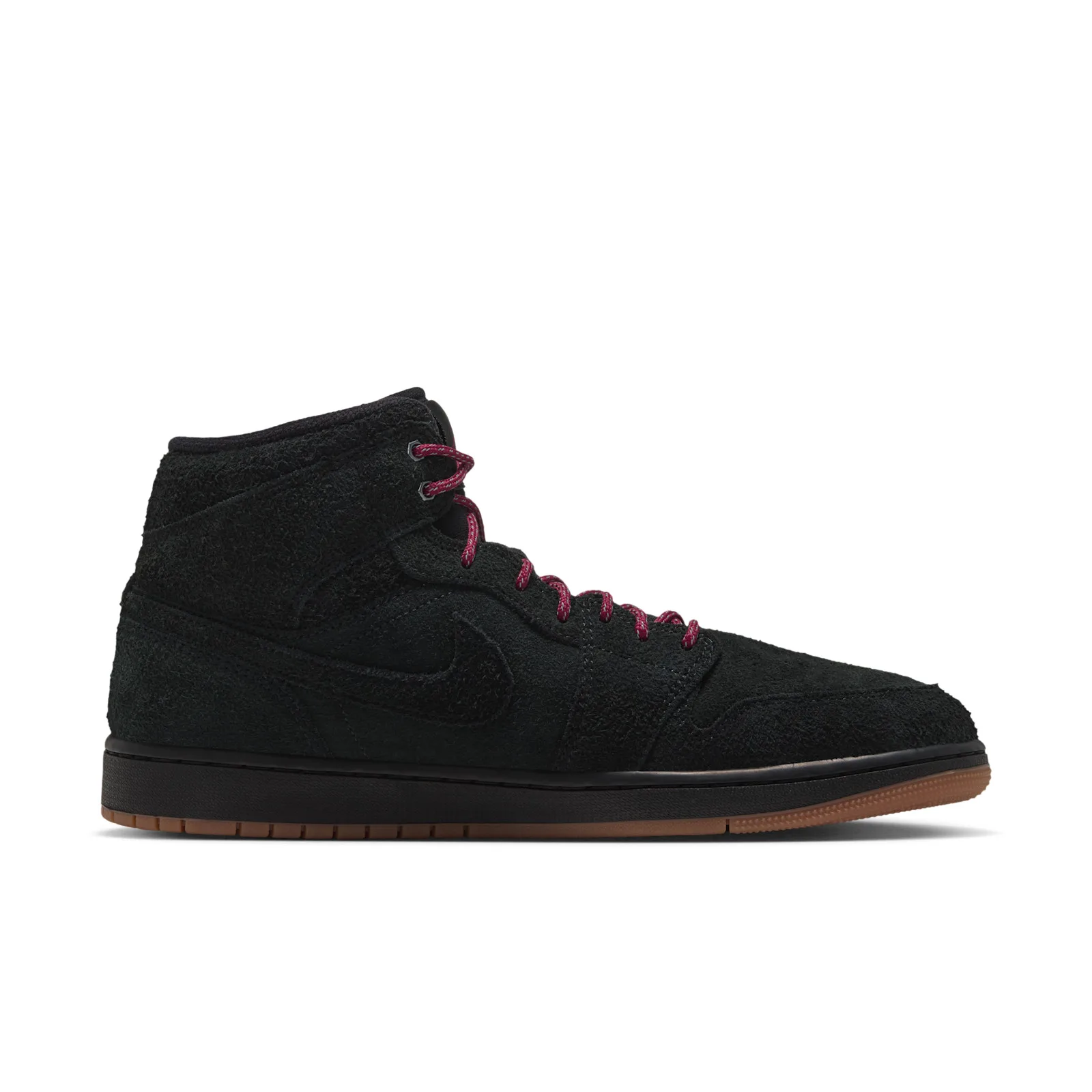 medial view showing Nike swoosh in black suede with burgundy laces, Jordan 1 Mid