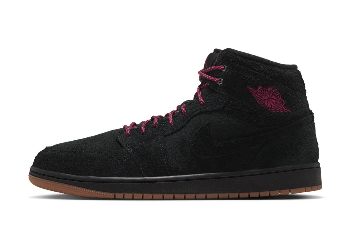 lateral view, black suede with burgundy laces and gum outsole, Air Jordan 1 Mid in Black/Gum/Medium Brown/Team Red