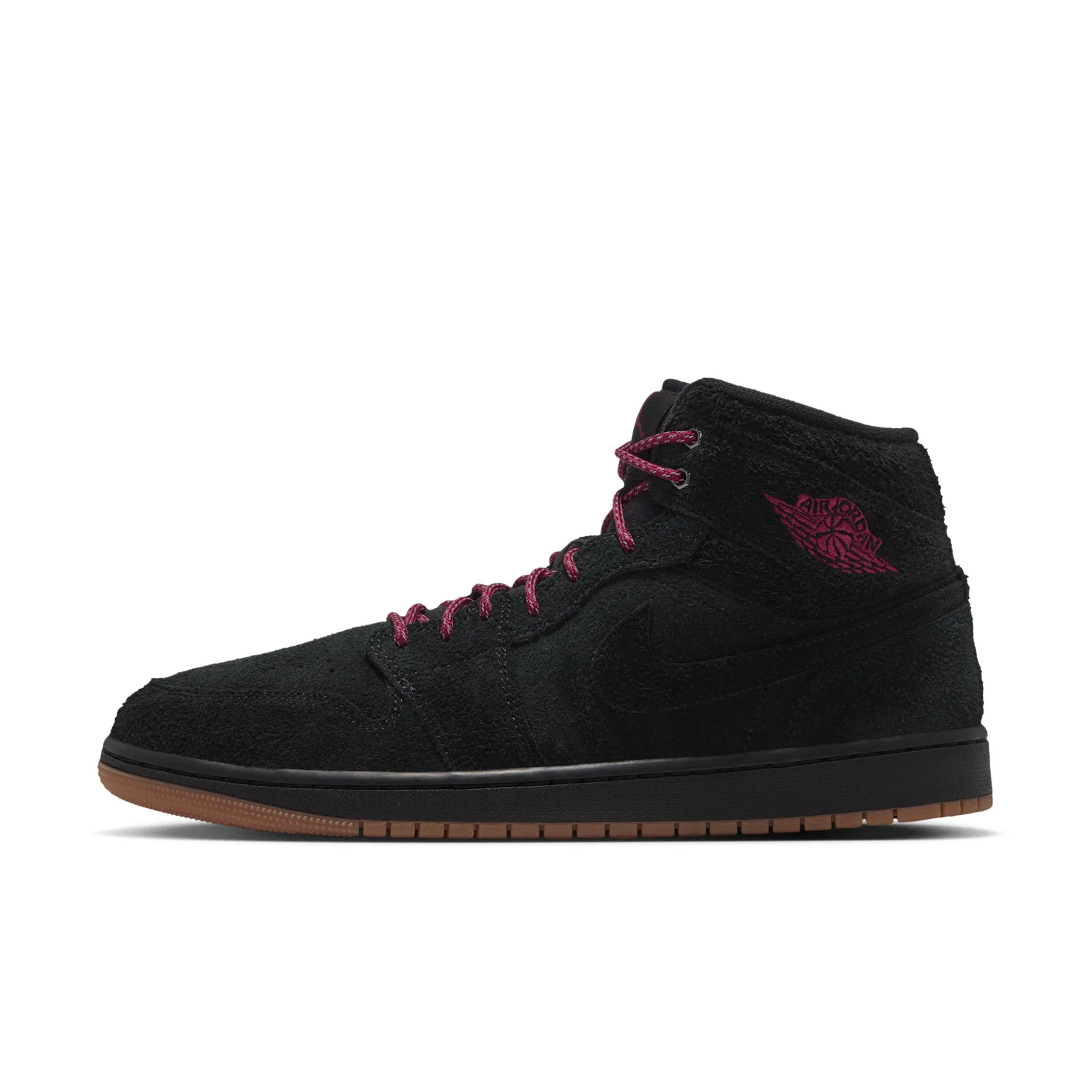 lateral view, black suede upper with burgundy wings logo and gum sole, Jordan 1 Mid