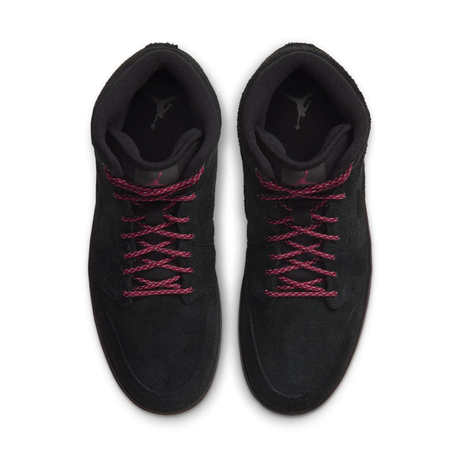 top-down view of laced pair with burgundy laces and Jumpman insole graphic, Jordan 1 Mid