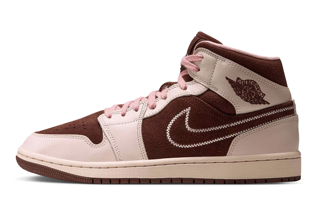 medial side view with stitched Nike swoosh and Air Jordan wing logo, Cacao Wow/Rust Pink