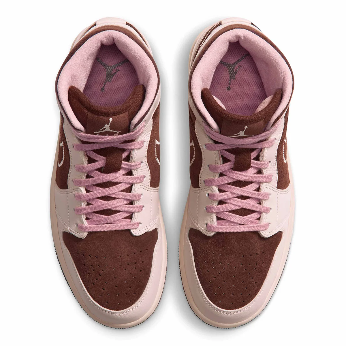 top-down view of pair showing pink laces and pink Jumpman insole branding, Cacao Wow/Rust Pink