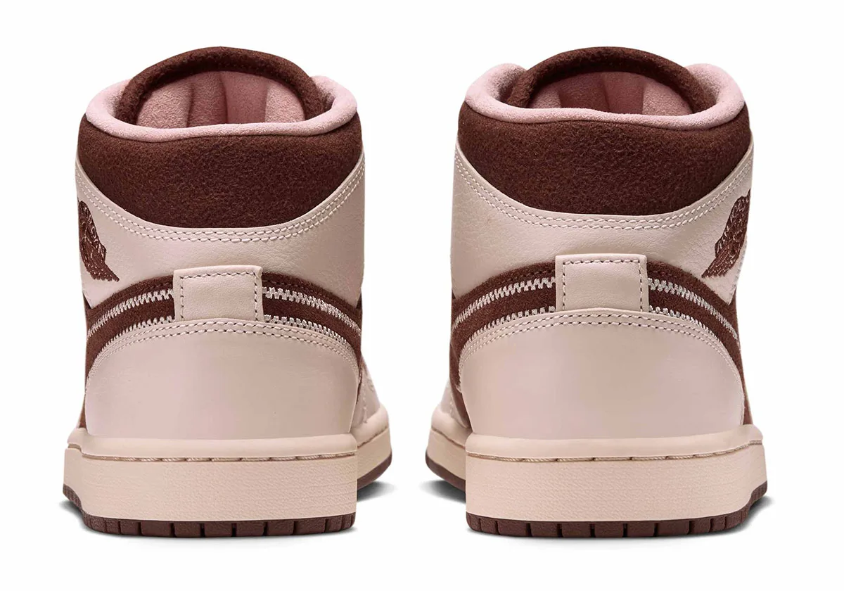 heel view of pair, brown suede counters with cream tabs and pink lining, Air Jordan 1 Mid SE "Cacao Wow/Rust Pink"