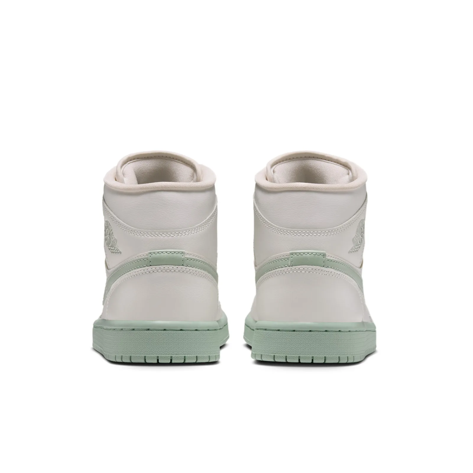 heel view of pair, cream counters with mint stripe and wings logo, Pistachio Frost